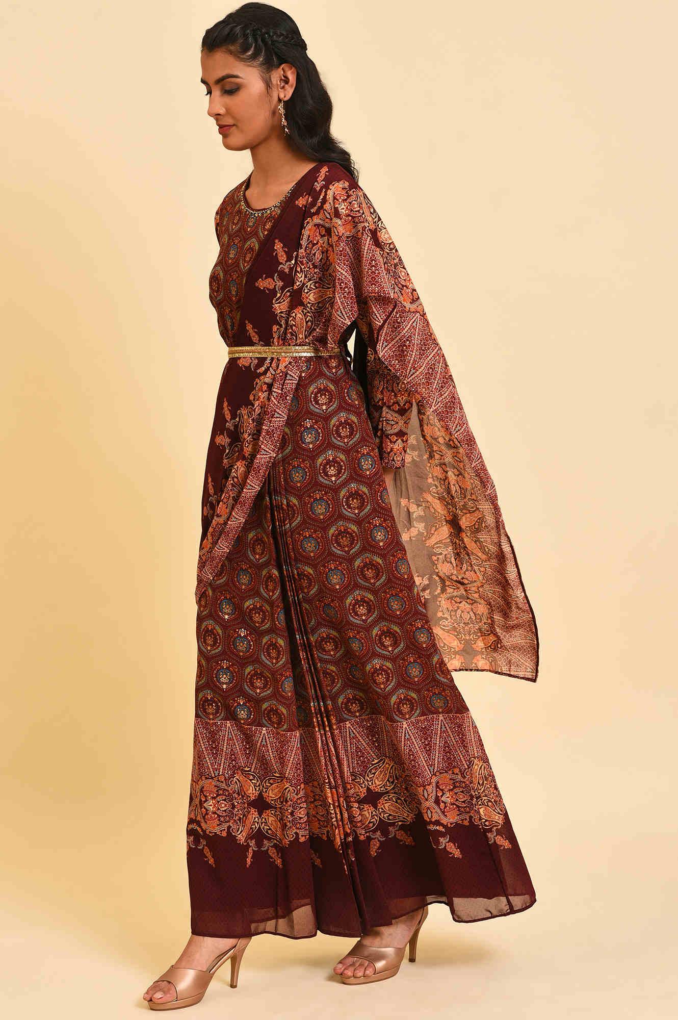 Dark Red Festive Predrape Saree - wforwoman