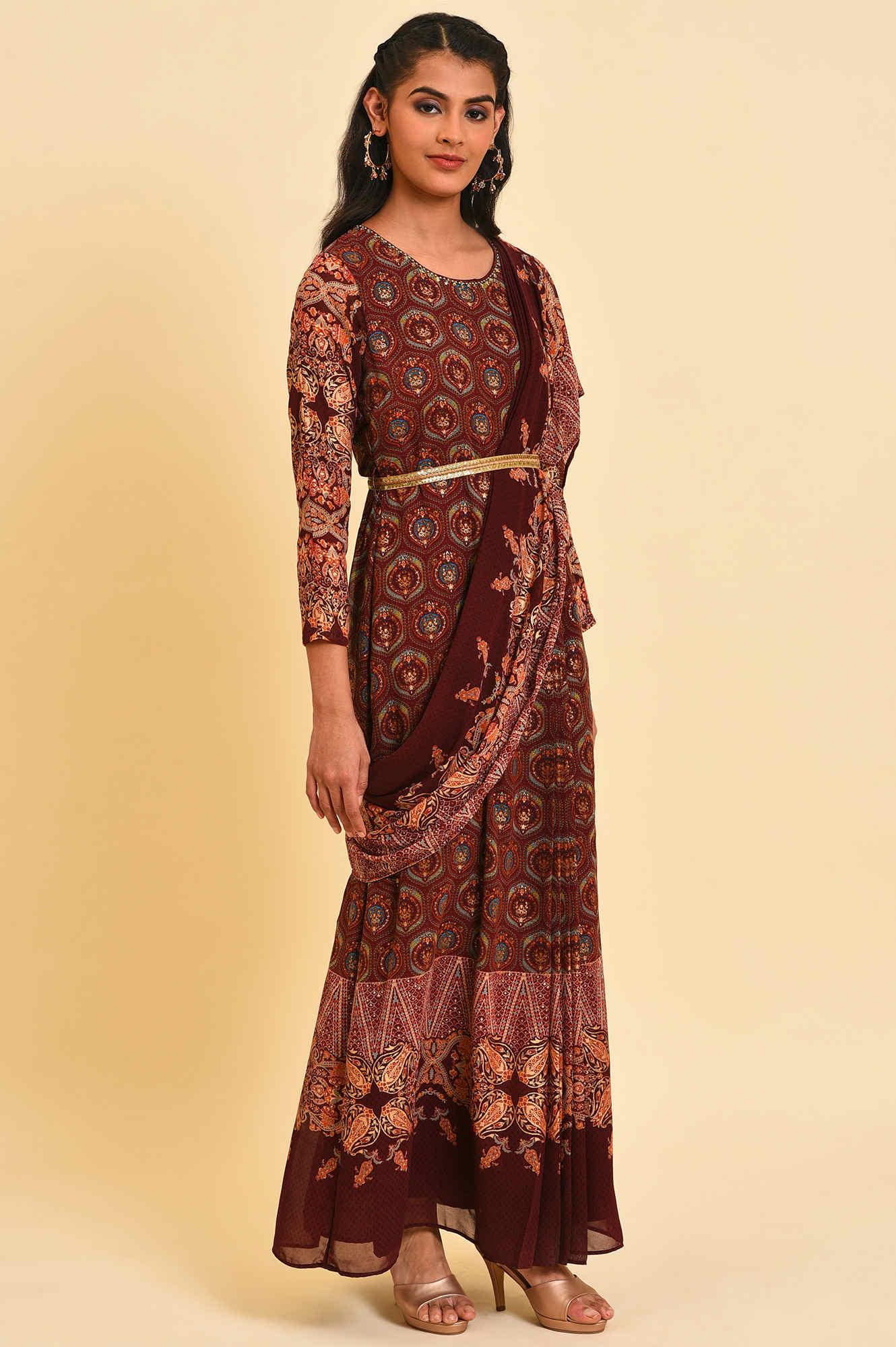 Dark Red Festive Predrape Saree - wforwoman