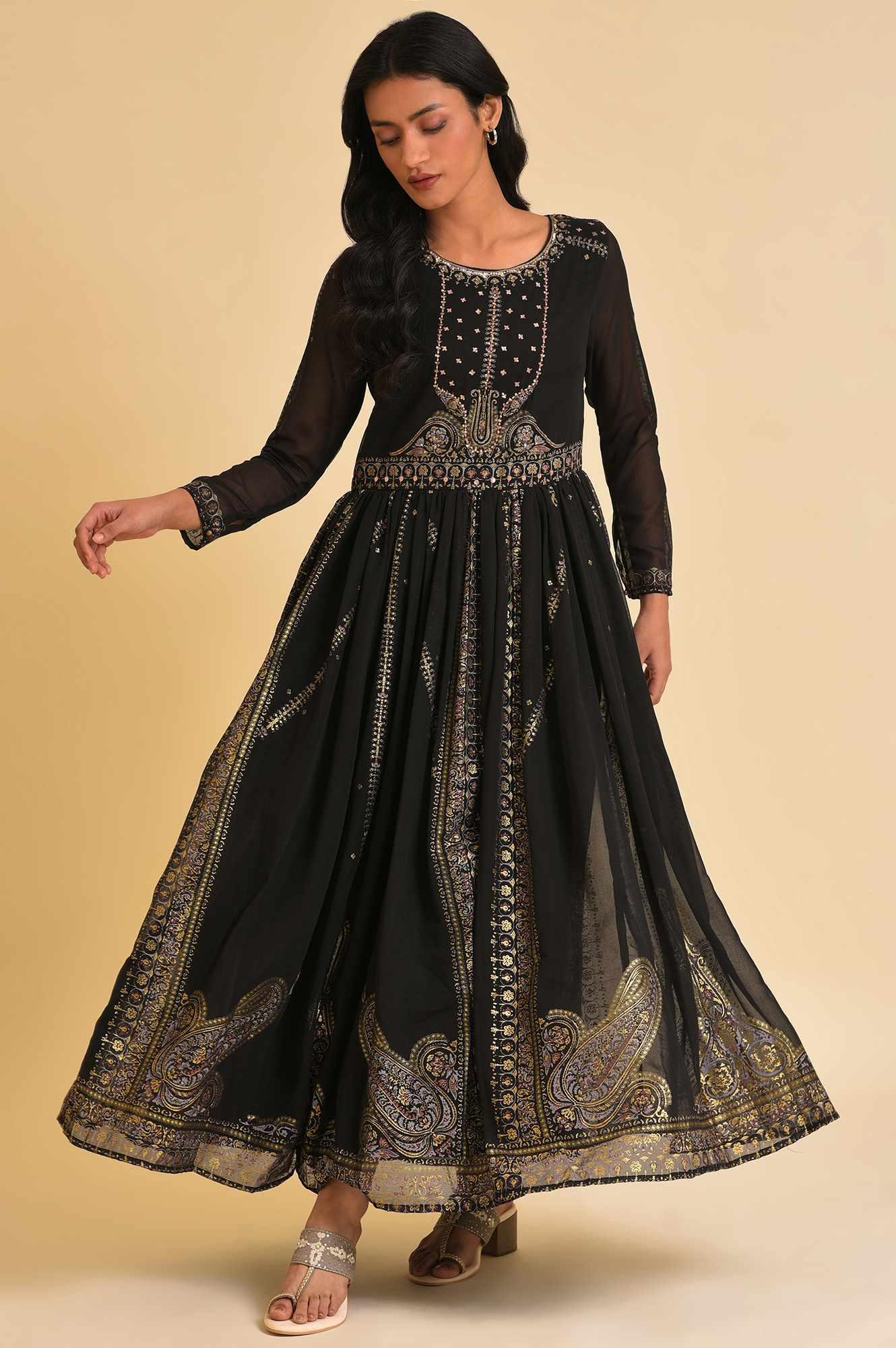Black Foil Printed Victorian Dress - wforwoman