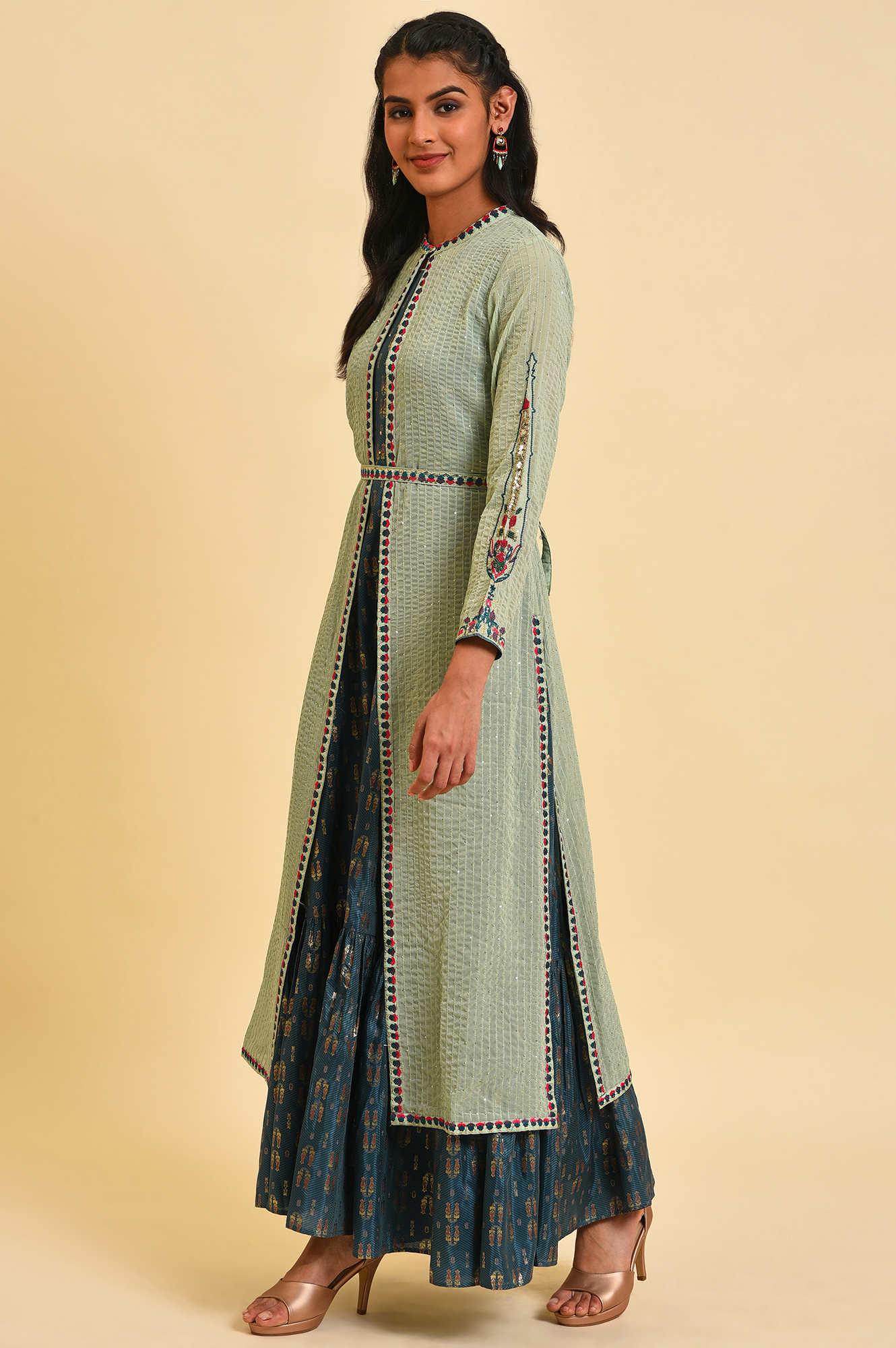 Green Embroidered Gillet & Tiered Dress Set - wforwoman