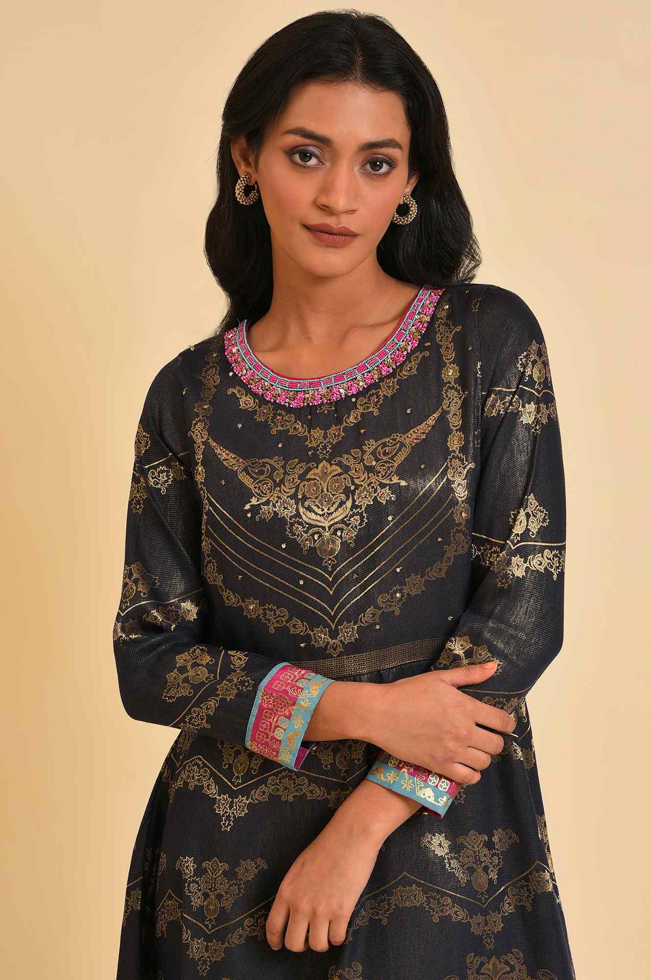 Navy Blue Flared Festive Dress - wforwoman