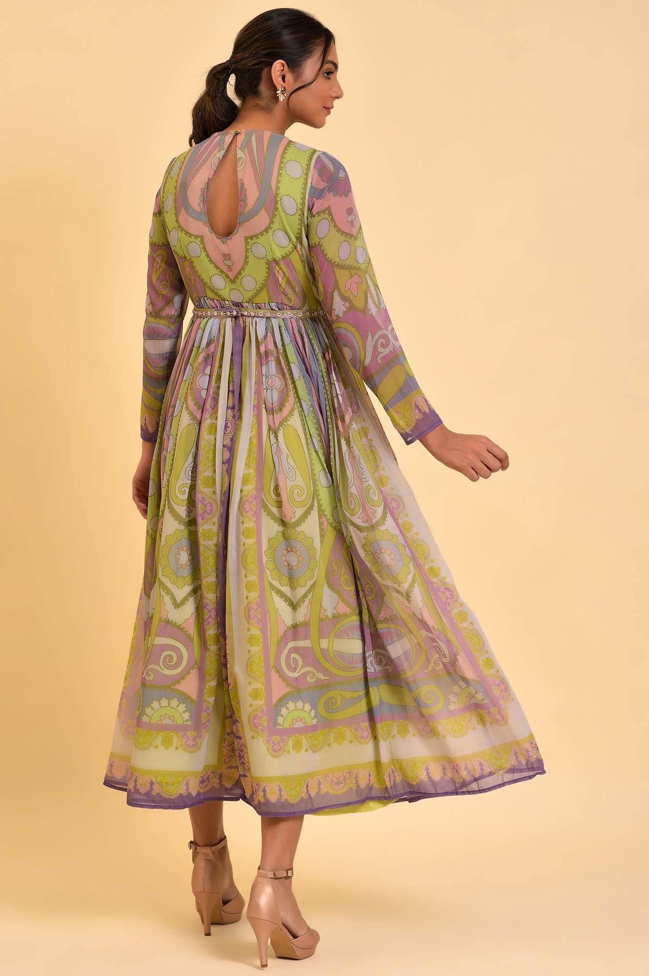 Multi-Coloured Printed Flared Dress With Belt - wforwoman