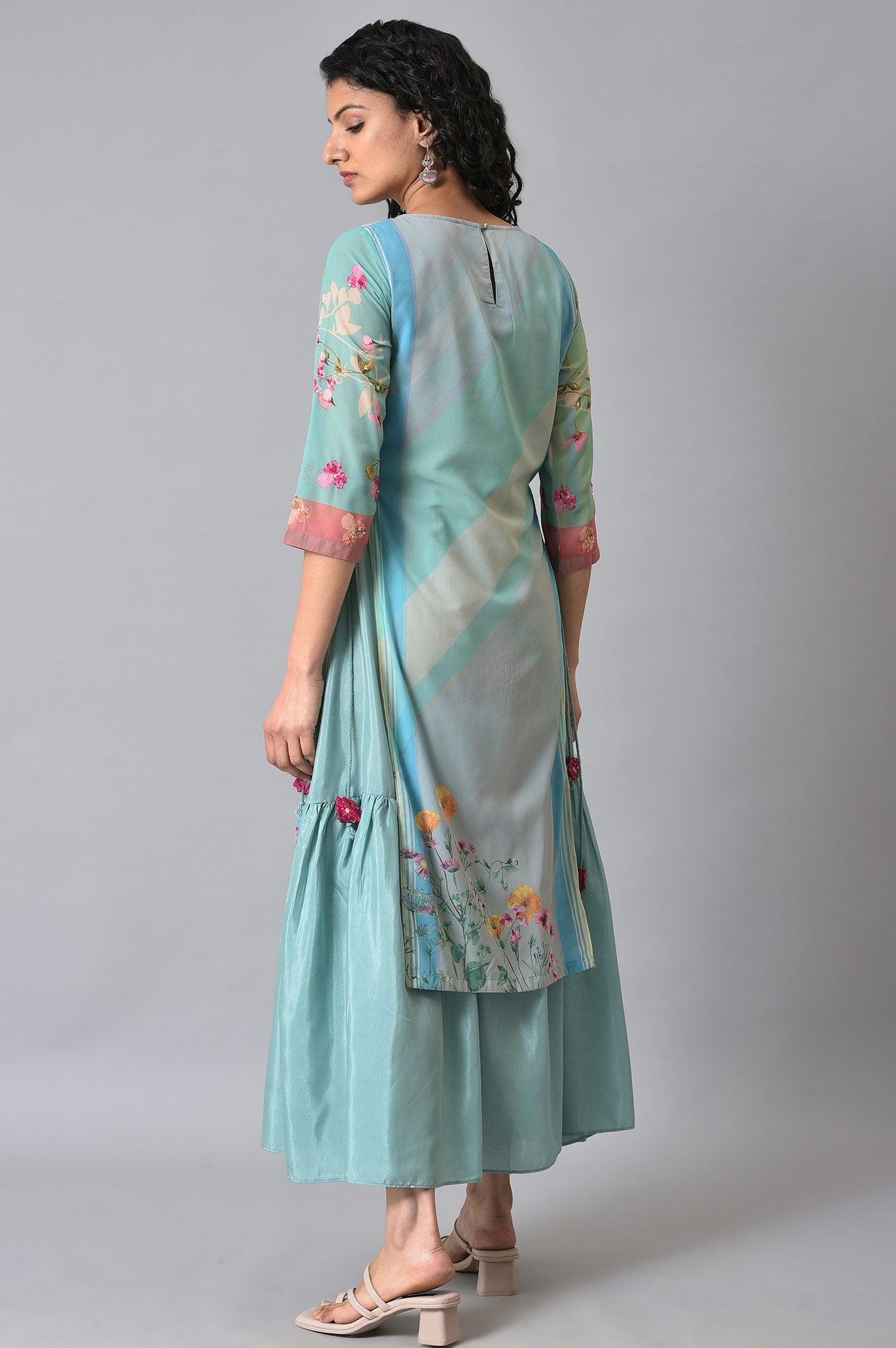 Green Floral Printed Mock Layer Summer Dress - wforwoman