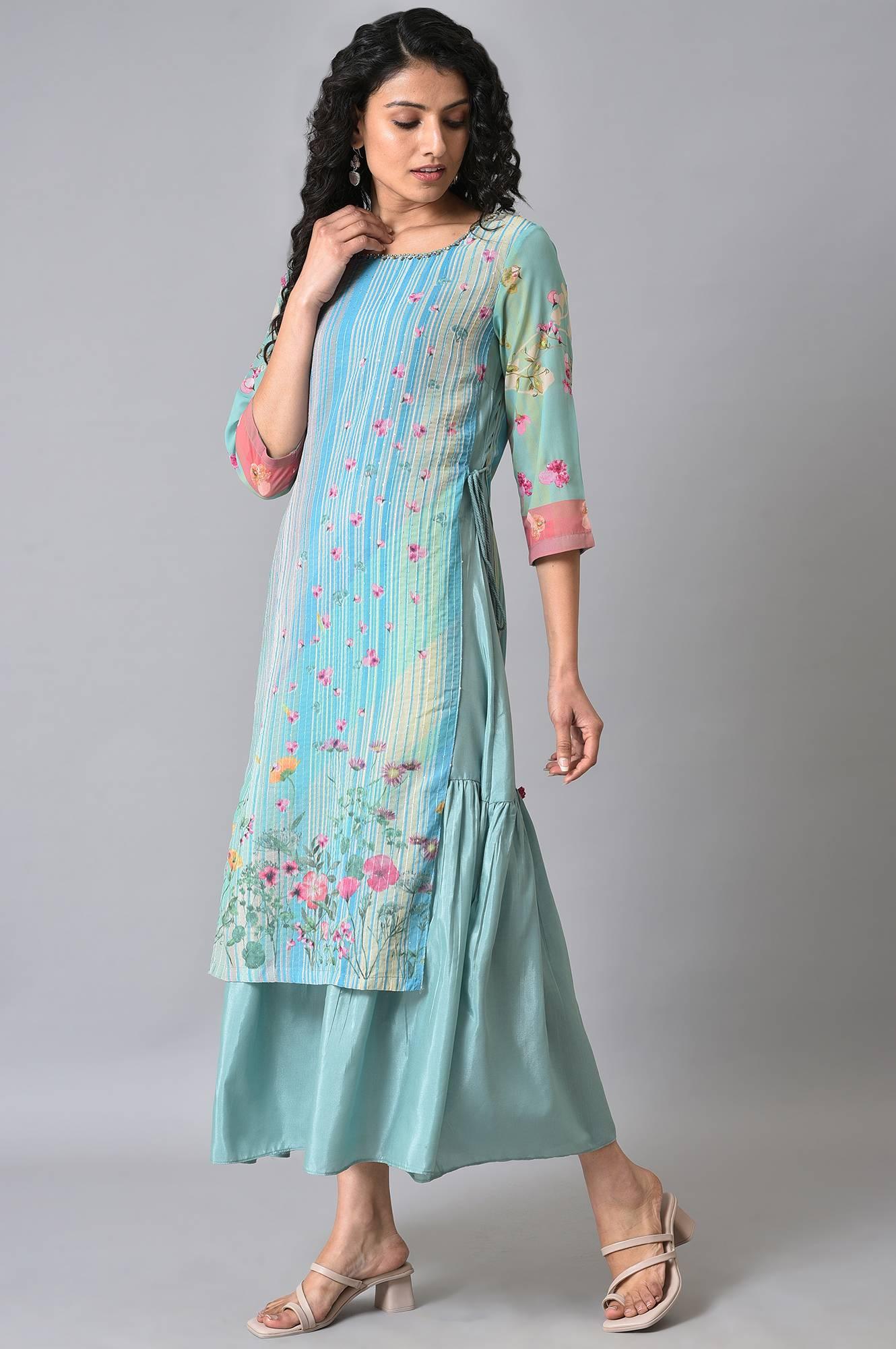 Green Floral Printed Mock Layer Summer Dress - wforwoman