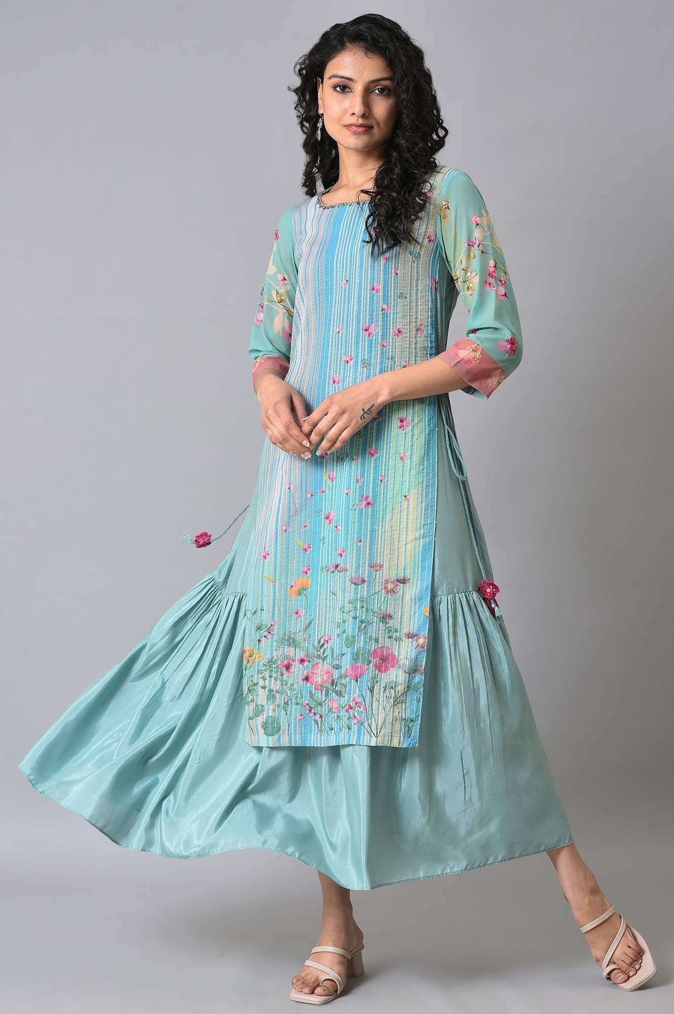 Green Floral Printed Mock Layer Summer Dress - wforwoman