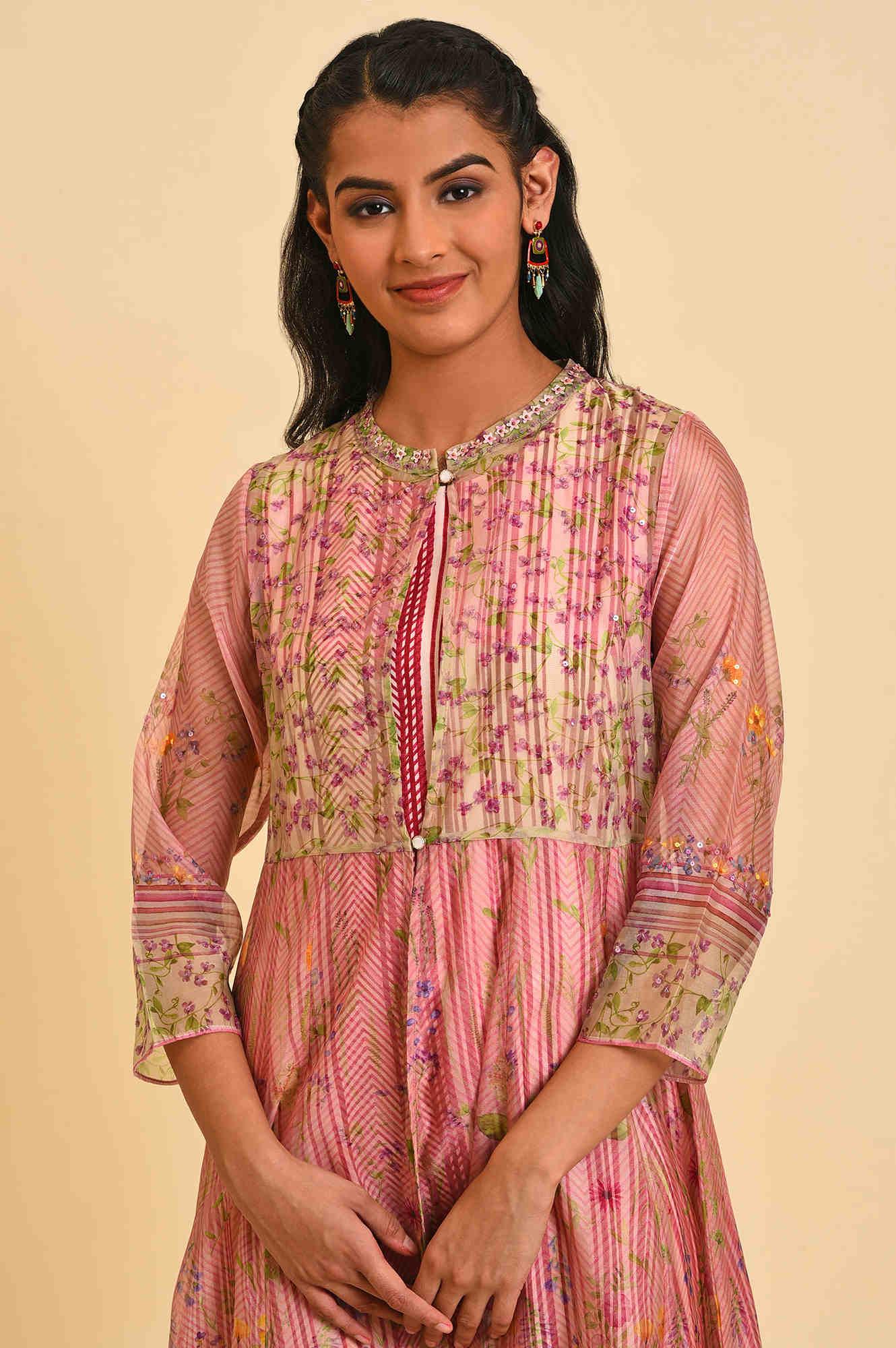 Pink Floral Gillet & Striped Dress Set - wforwoman