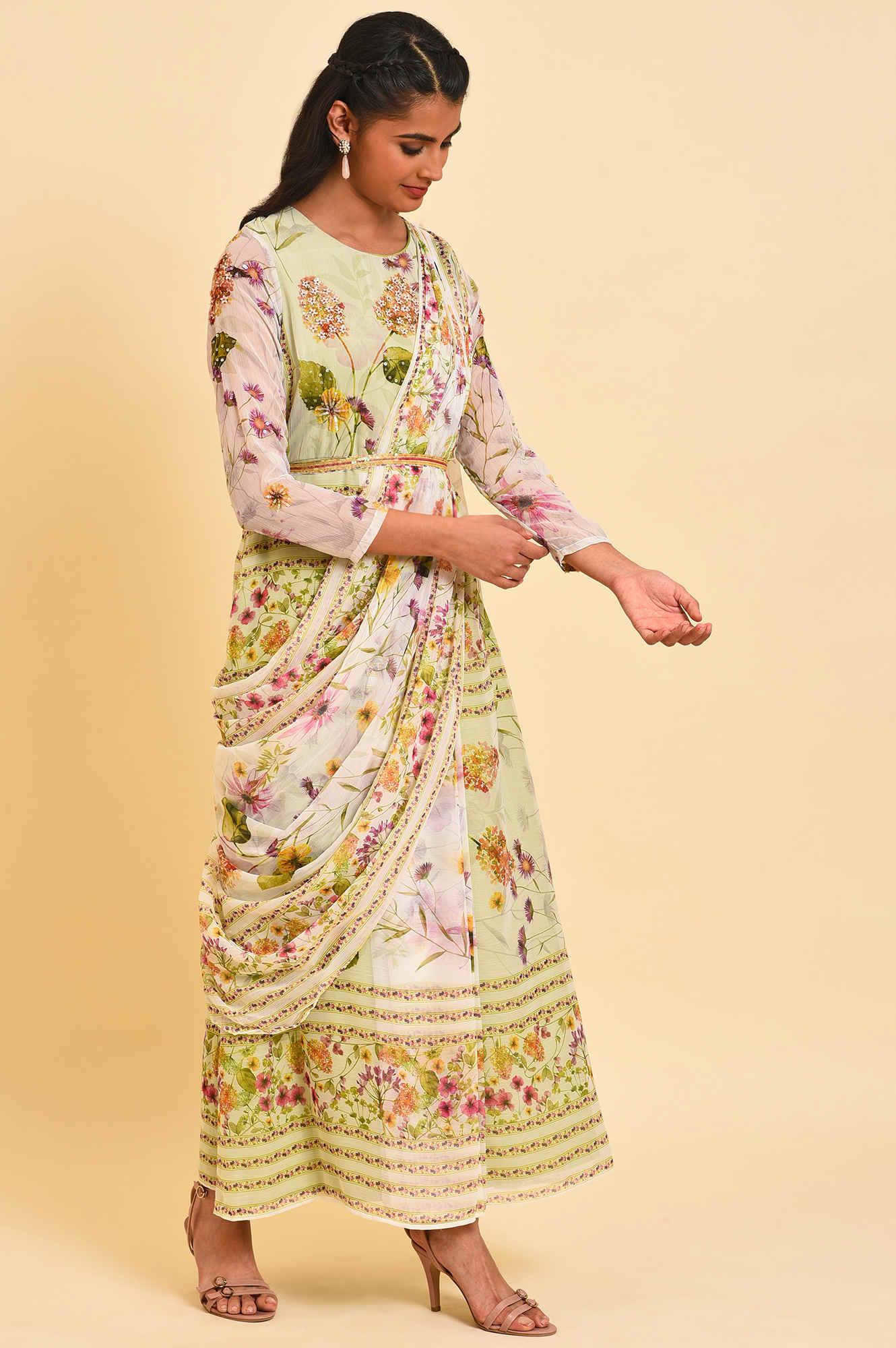 Ecru & Light Green Floral Printed Predrape Saree Dress - wforwoman