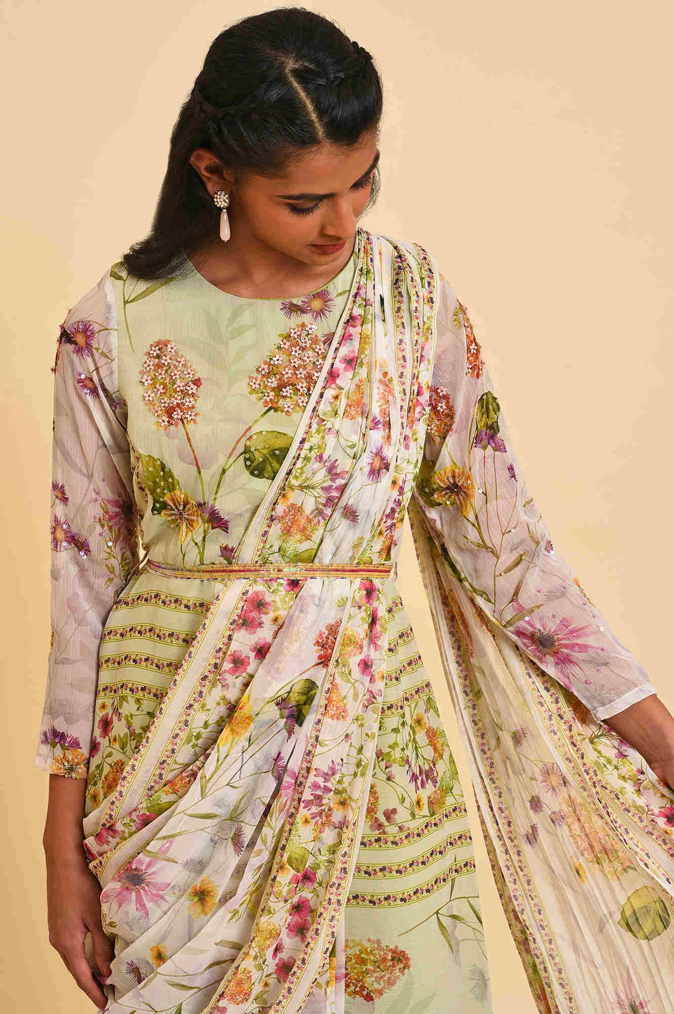 Ecru & Light Green Floral Printed Predrape Saree Dress - wforwoman