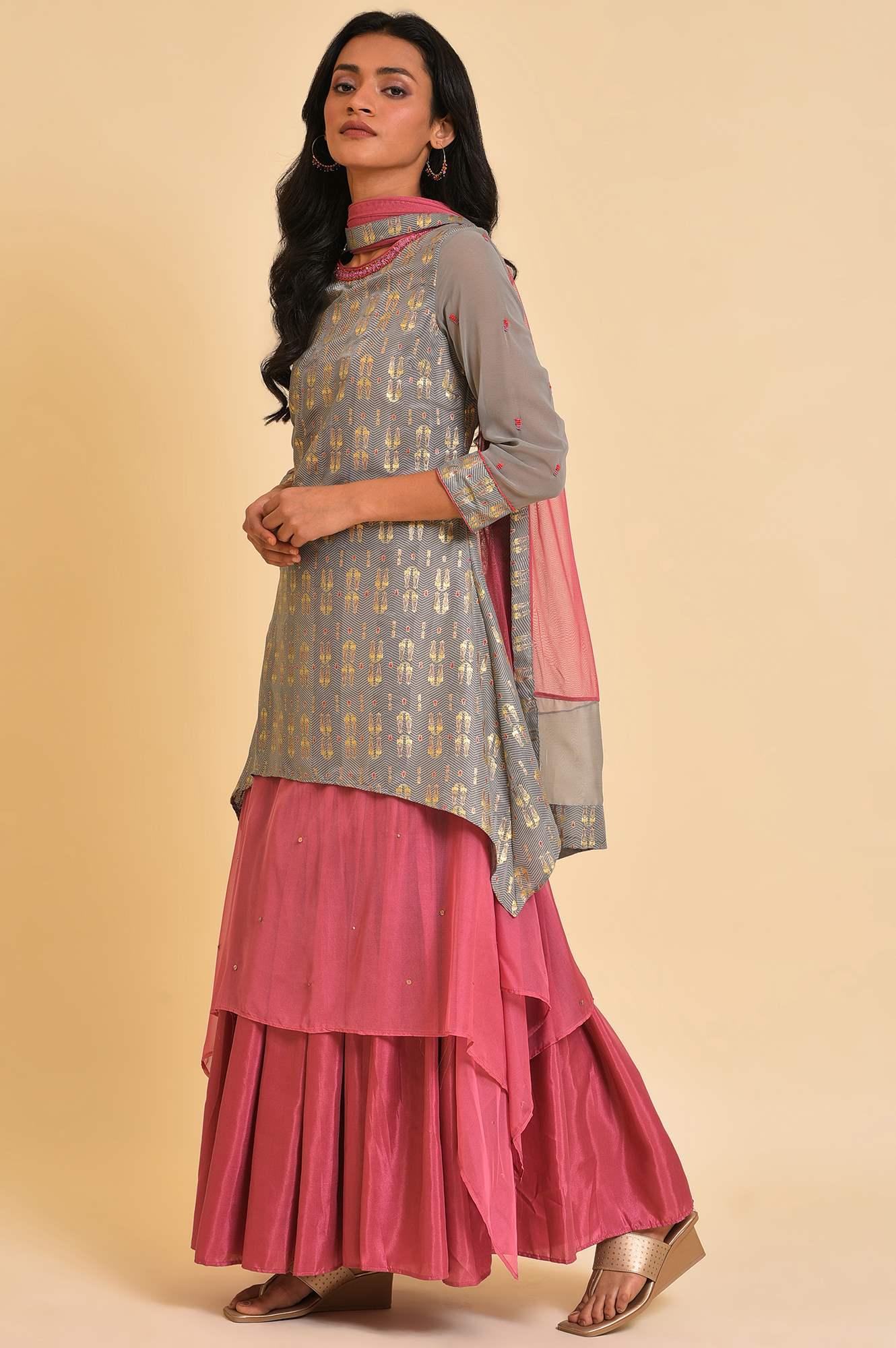 Grey And Pink Layered Asymmetric Dress & Dupatta Set - wforwoman