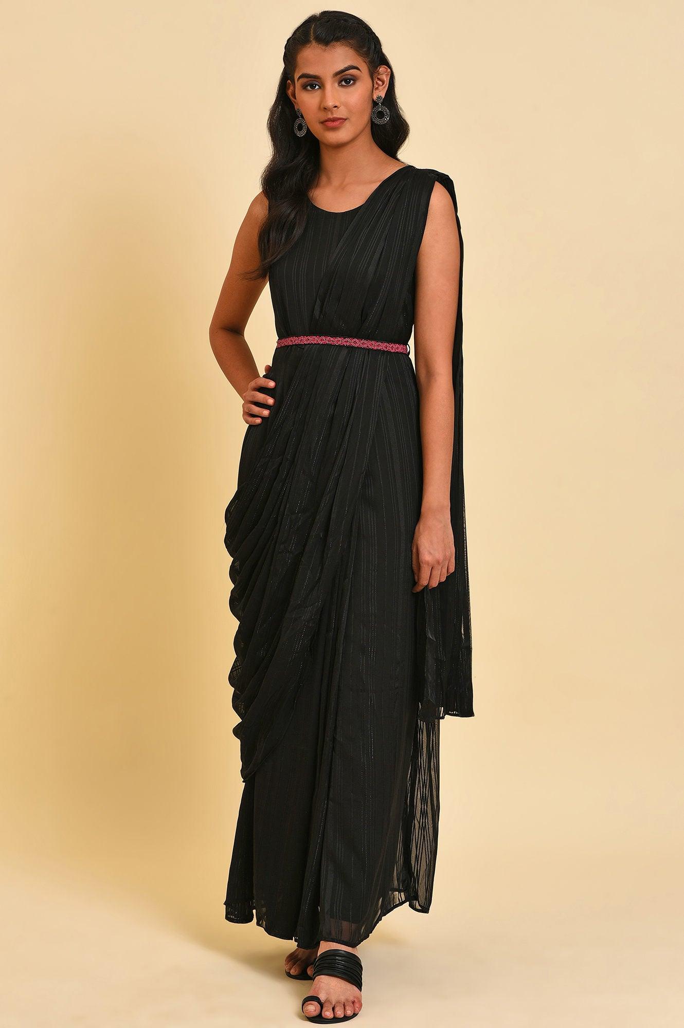 Black Festive Predrape Saree With Short Jacket - wforwoman