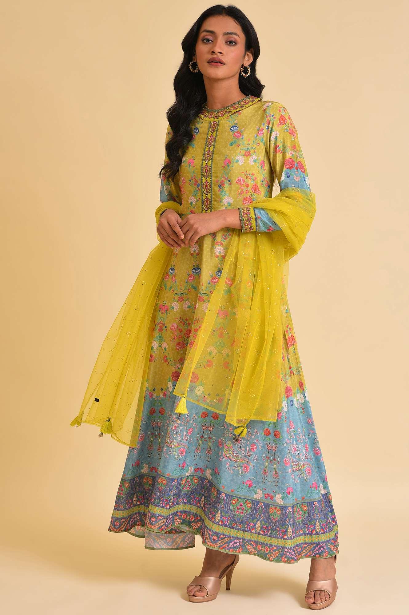Lime Yellow Printed Long Dress & Dupatta Set - wforwoman