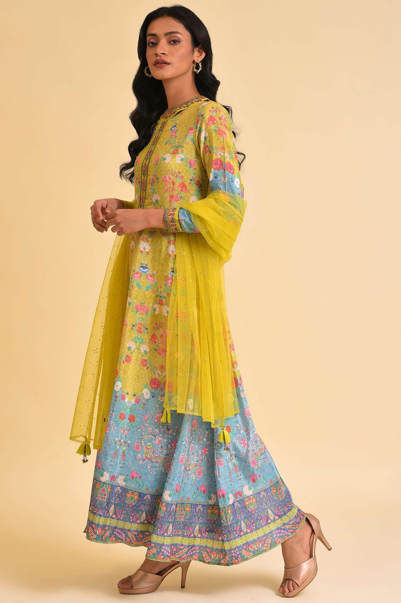 Lime Yellow Printed Long Dress & Dupatta Set - wforwoman