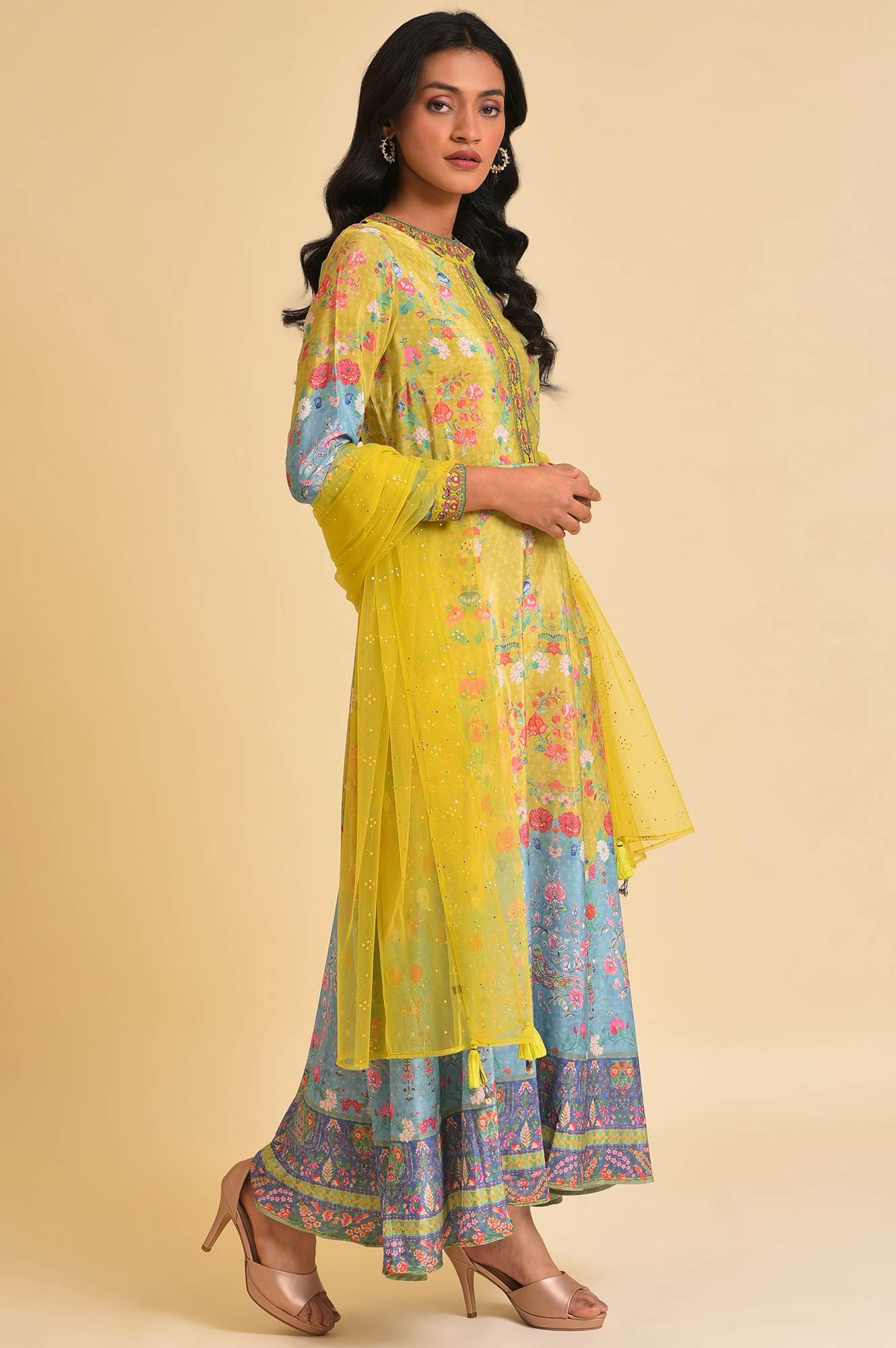 Lime Yellow Printed Long Dress & Dupatta Set - wforwoman