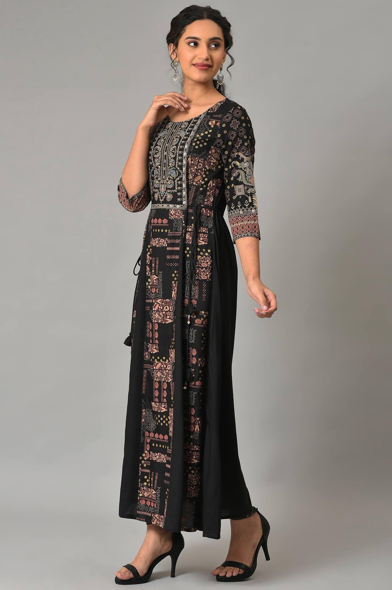 Black Printed Long Dress With Embellished Yoke - wforwoman