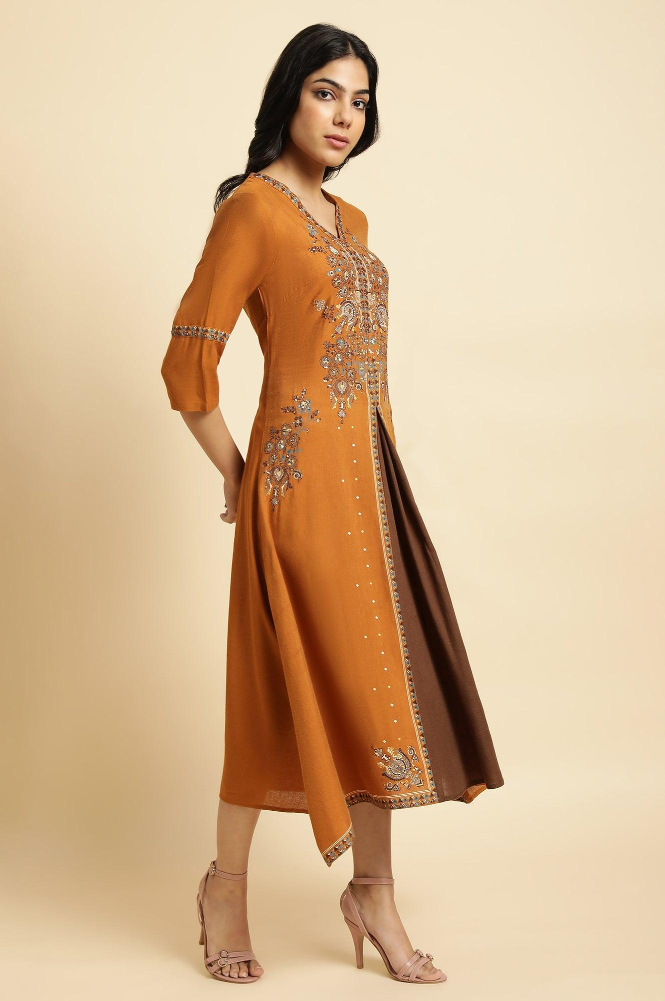 Dark Yellow Printed Godget Dress - wforwoman