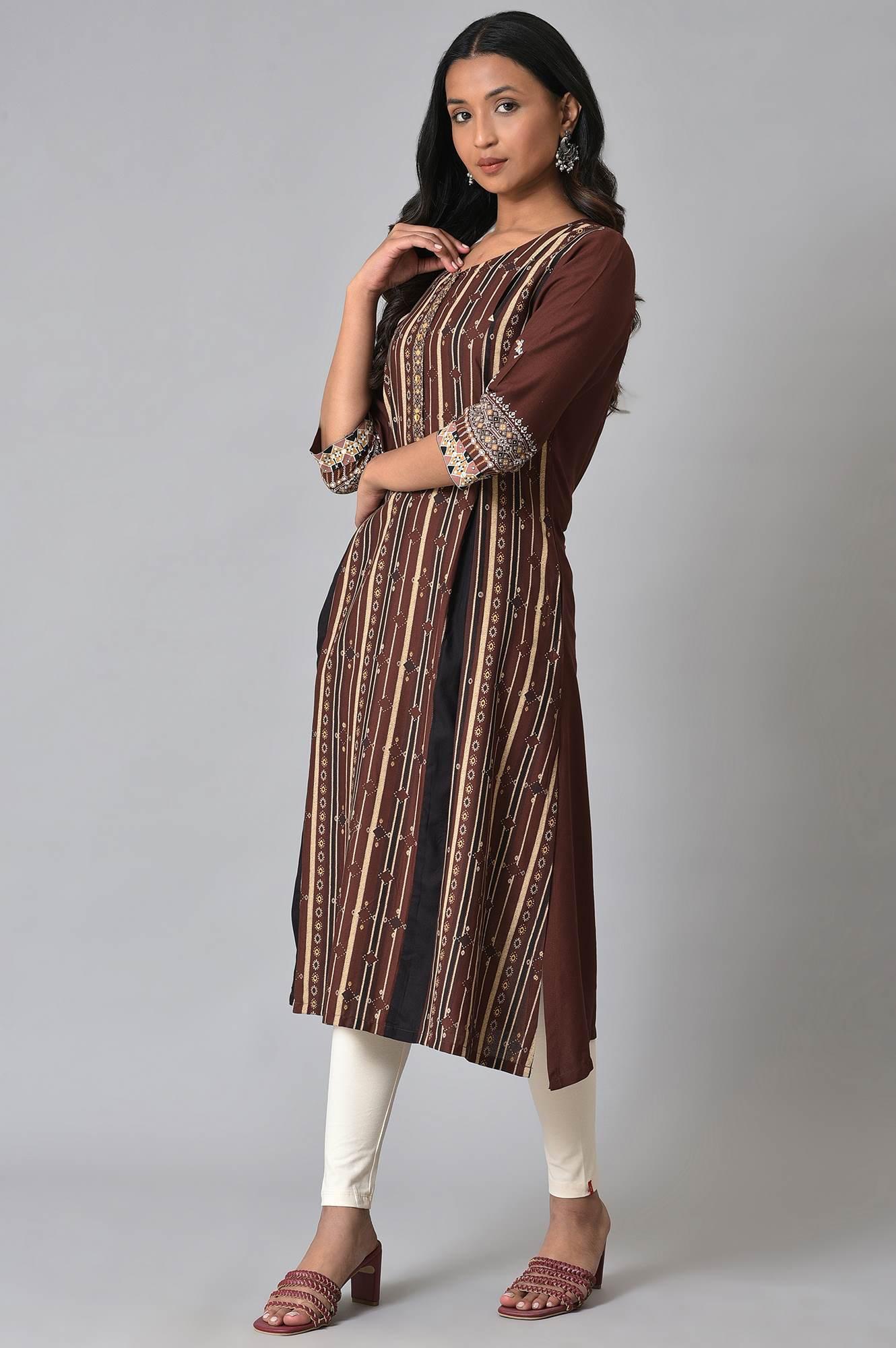 Brown Stripe Printed kurta With Box Pleats - wforwoman
