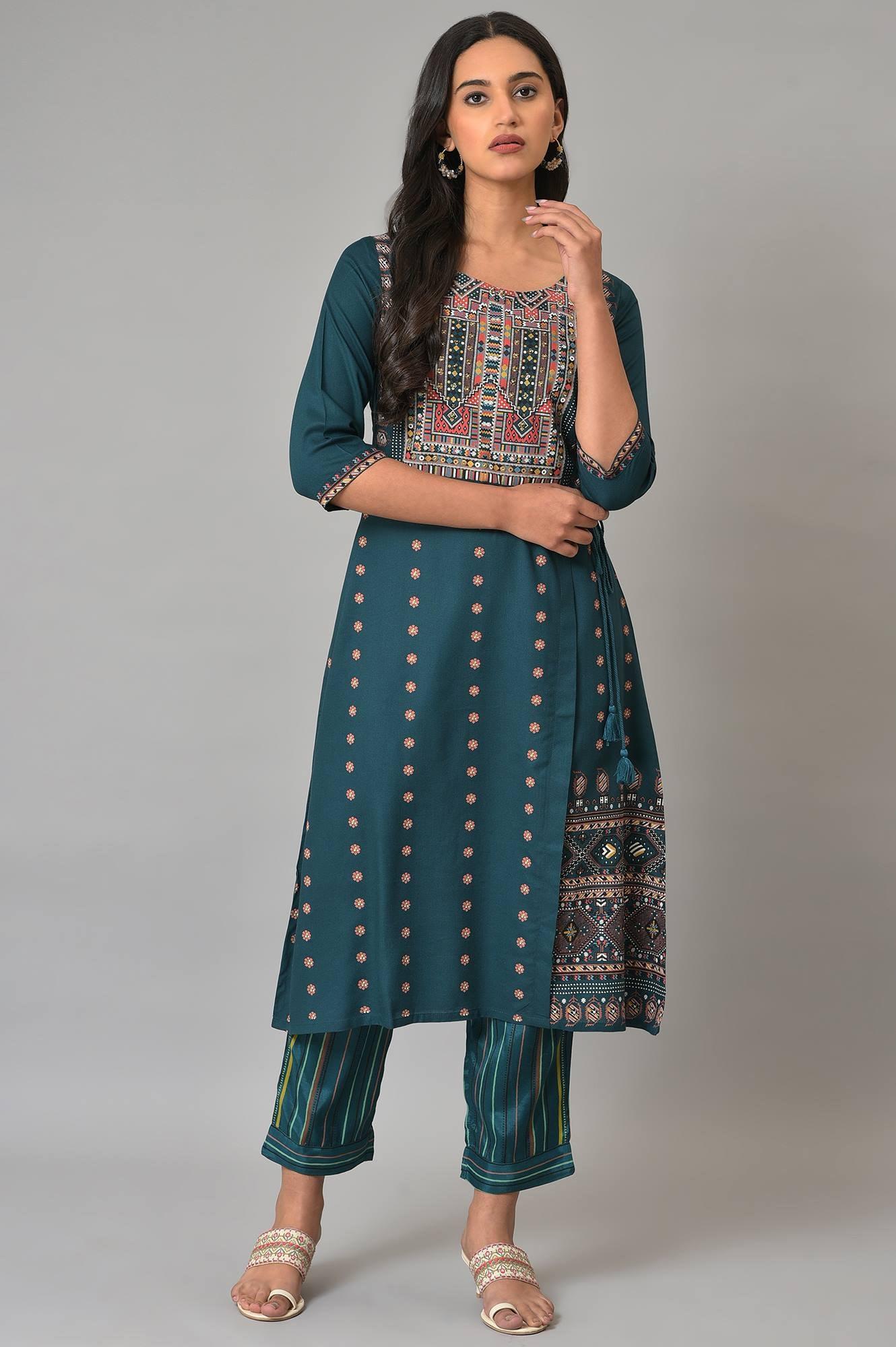 Teal Printed A-Line Mock Layer kurta - wforwoman