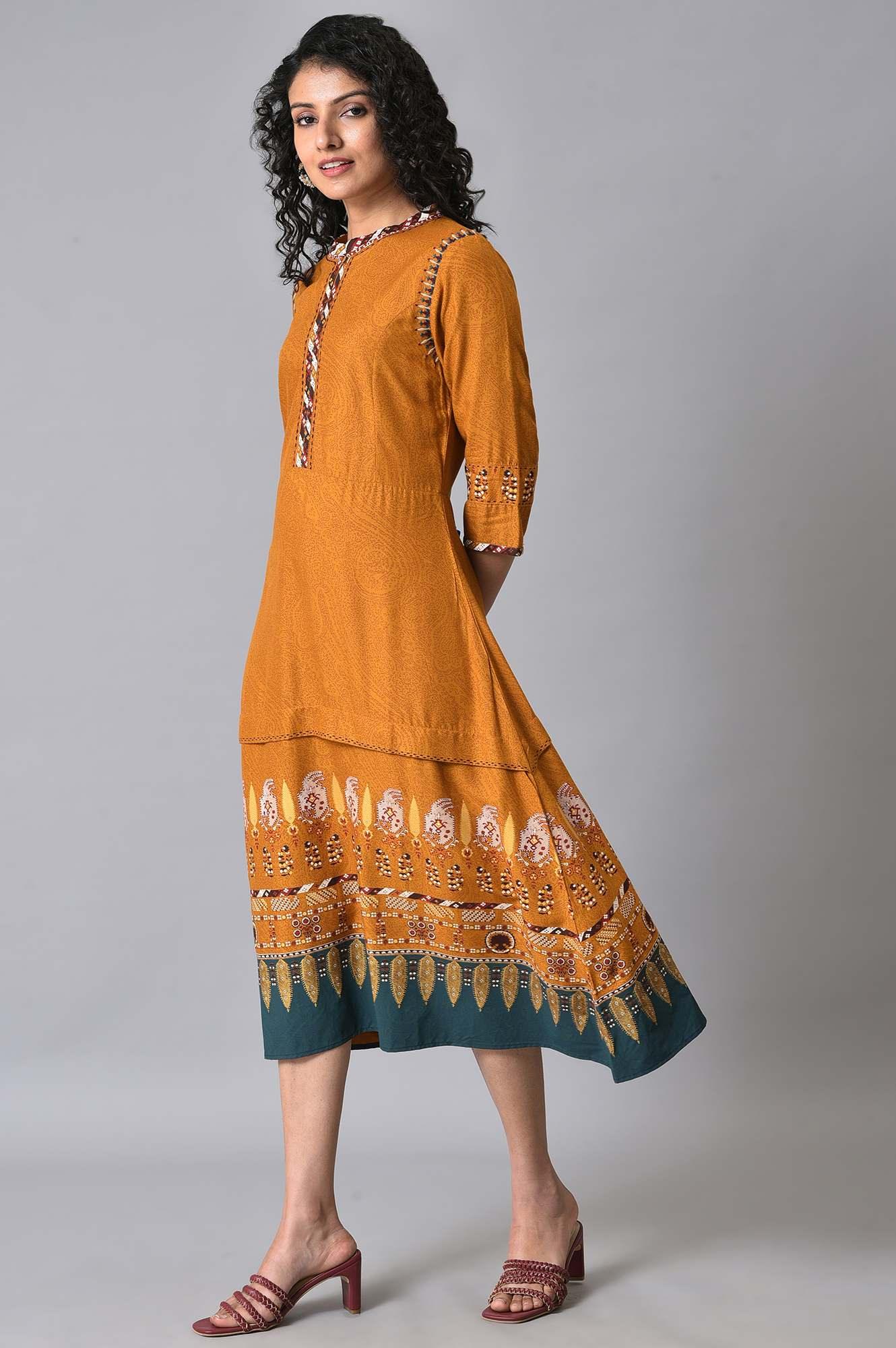 Mustard Printed A-Line Dress - wforwoman