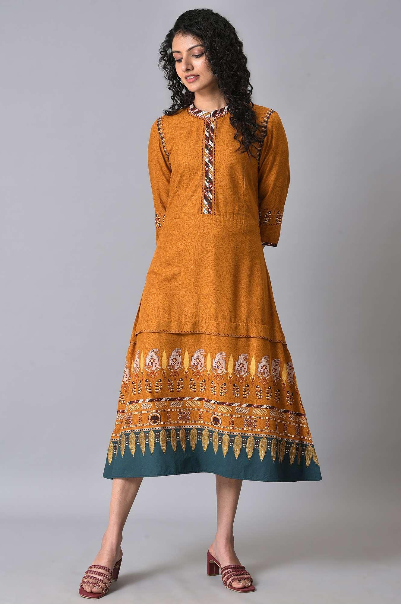 Mustard Printed A-Line Dress - wforwoman