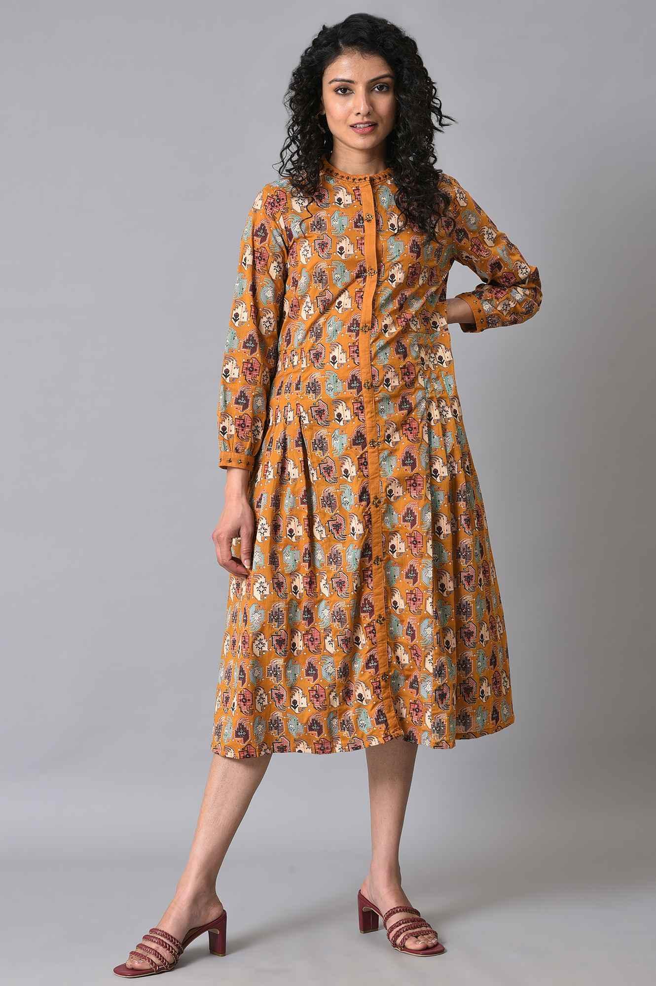 Dark Yellow Printed Pleated Plus Size Shirt Dress - wforwoman
