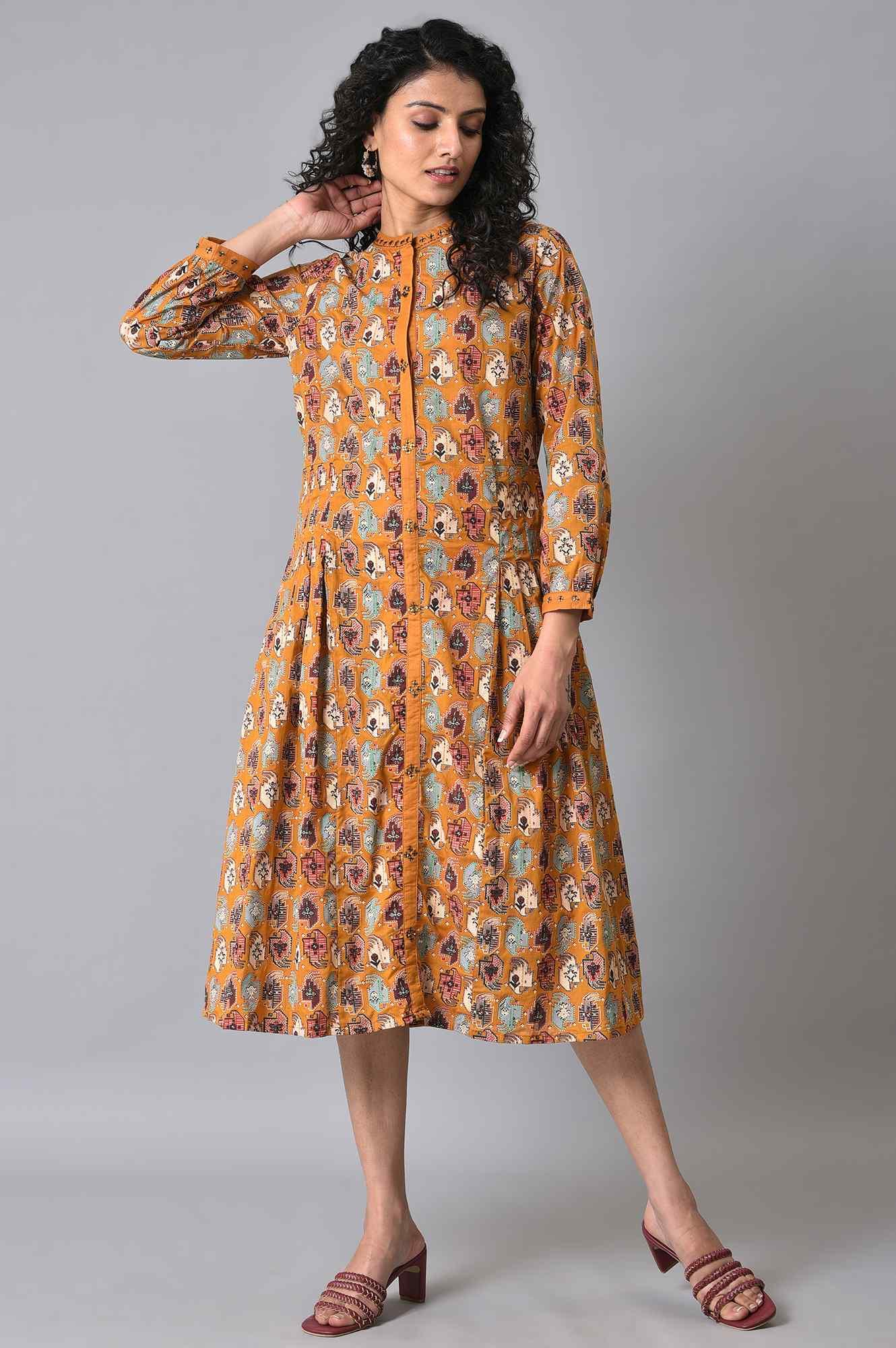 Dark Yellow Printed Pleated Shirt Dress - wforwoman