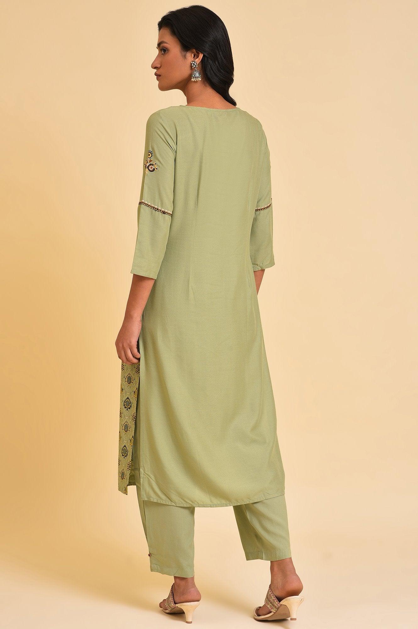 Light Green Embroidered Yoke Printed kurta - wforwoman
