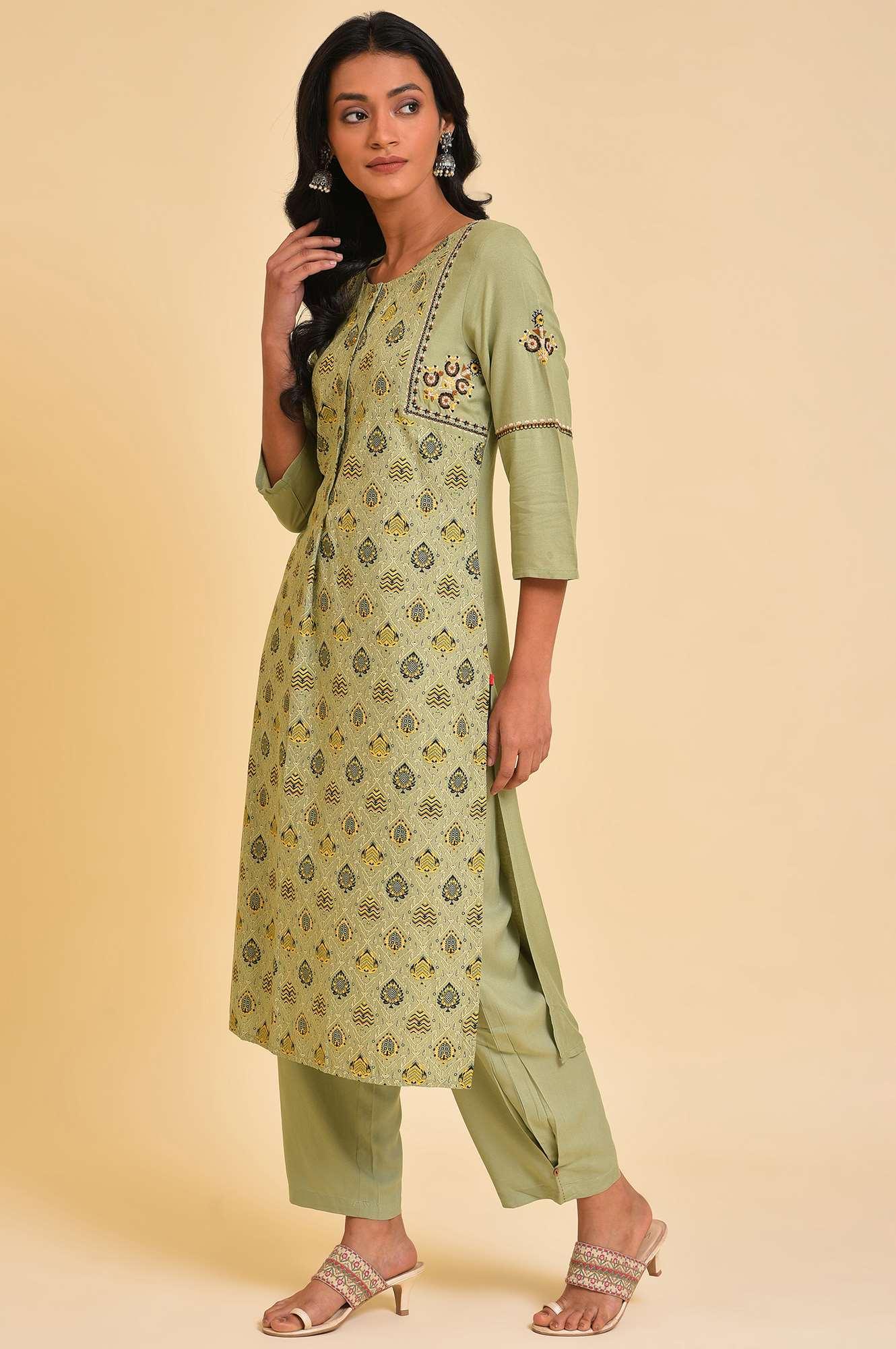 Light Green Embroidered Yoke Printed kurta - wforwoman