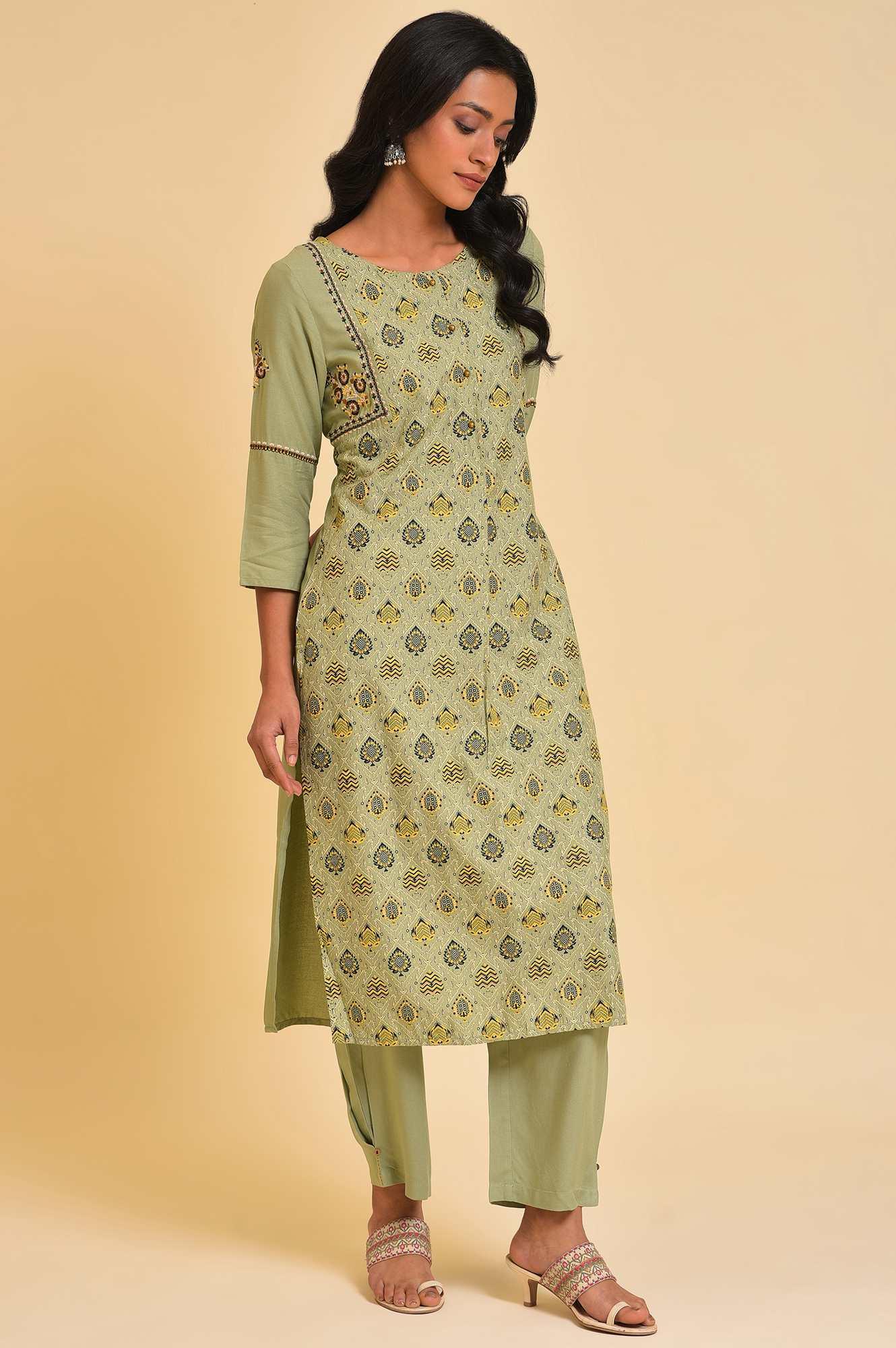 Light Green Embroidered Yoke Printed kurta - wforwoman