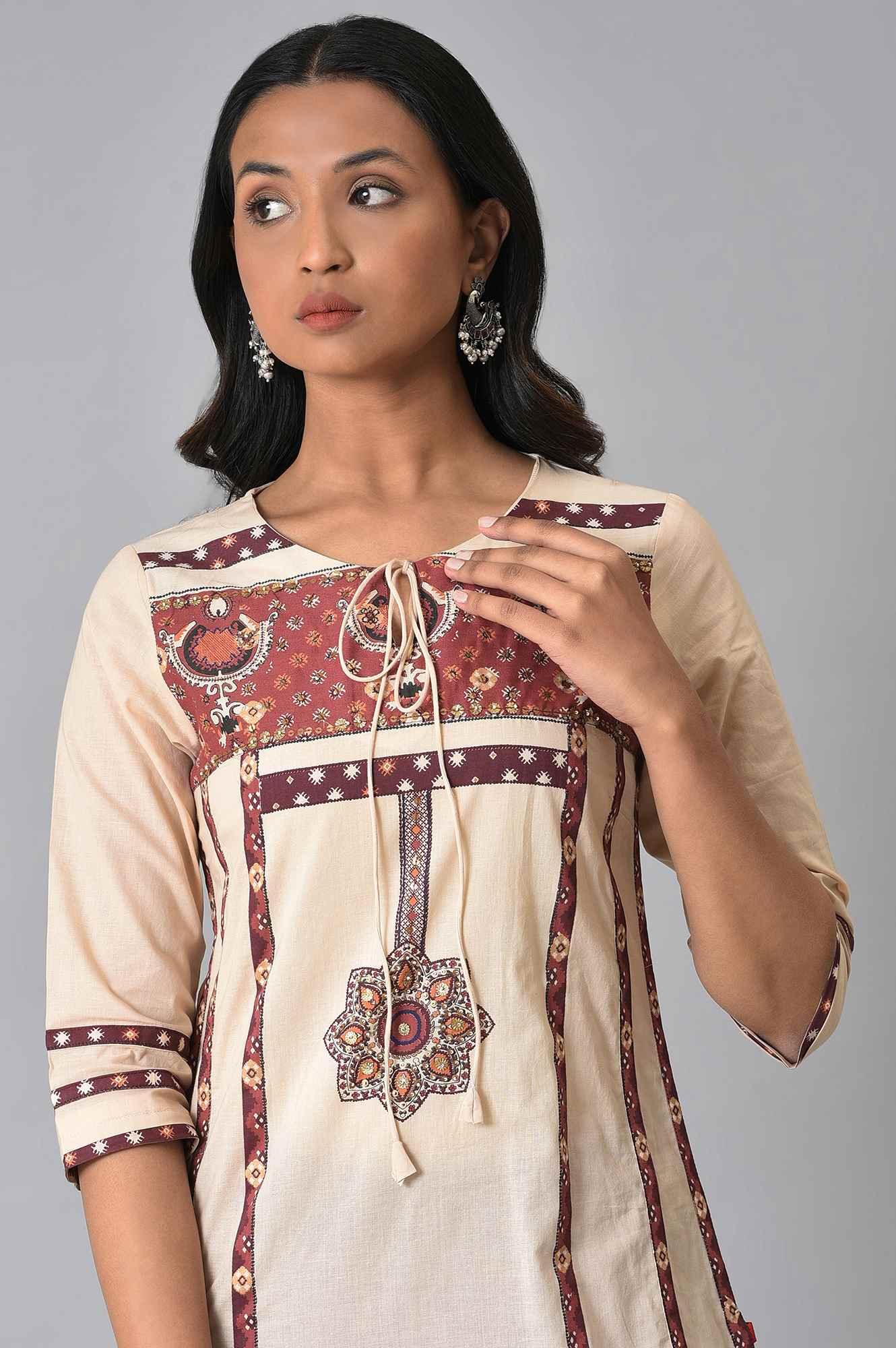 Ecru Printed Straight Summer kurta - wforwoman