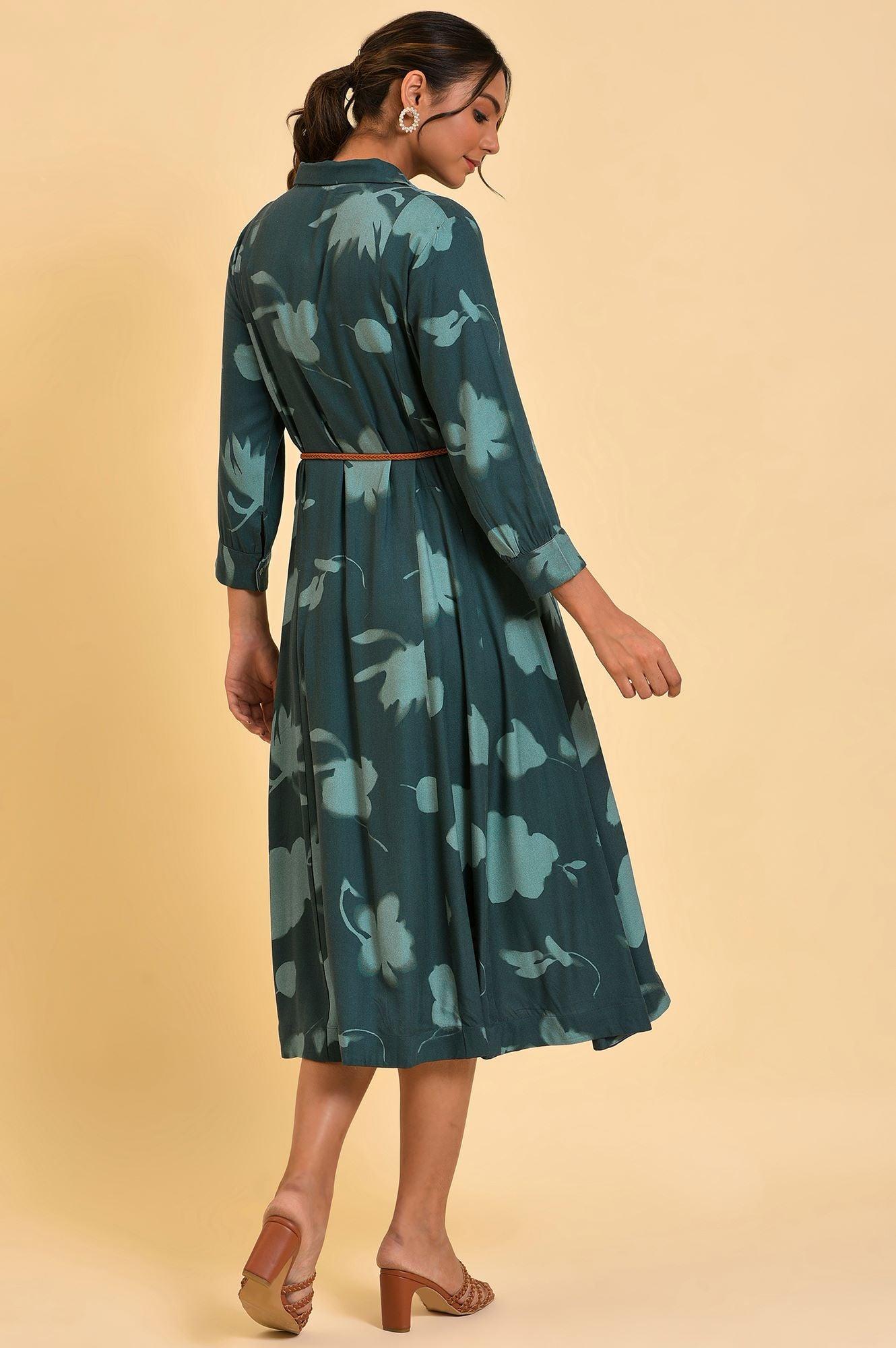 Green Floral Printed Western Dress With Belt - wforwoman