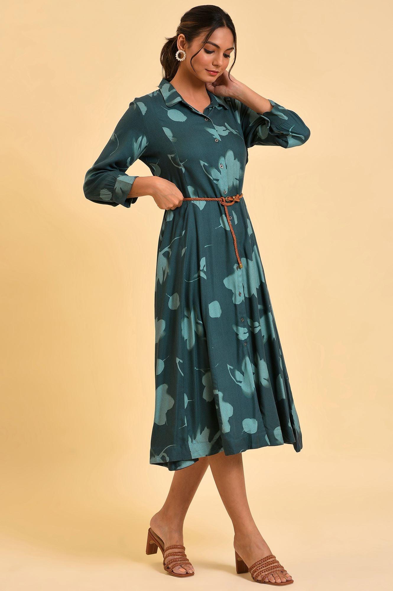 Green Floral Printed Western Dress With Belt - wforwoman
