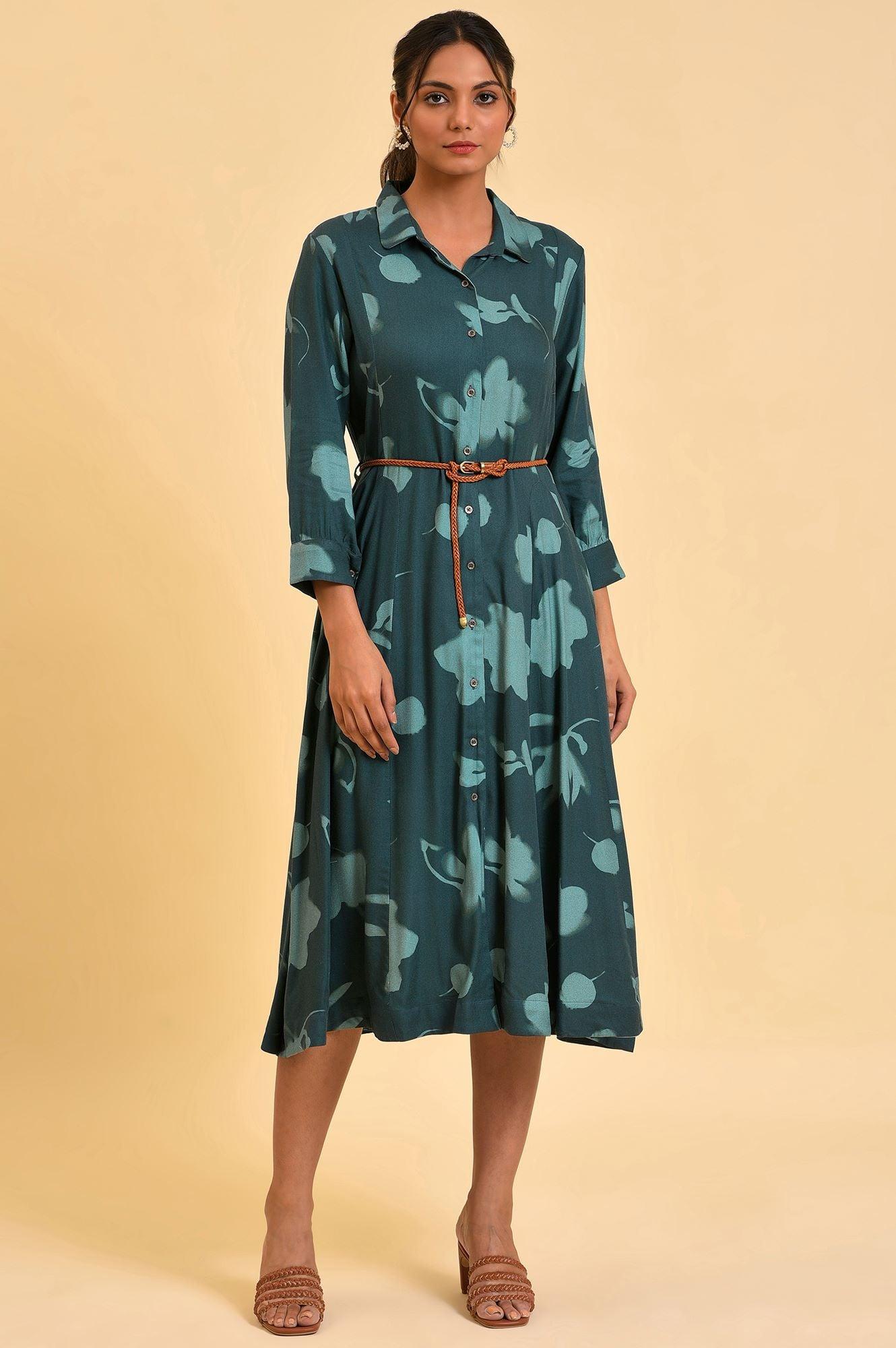 Green Floral Printed Western Dress With Belt - wforwoman