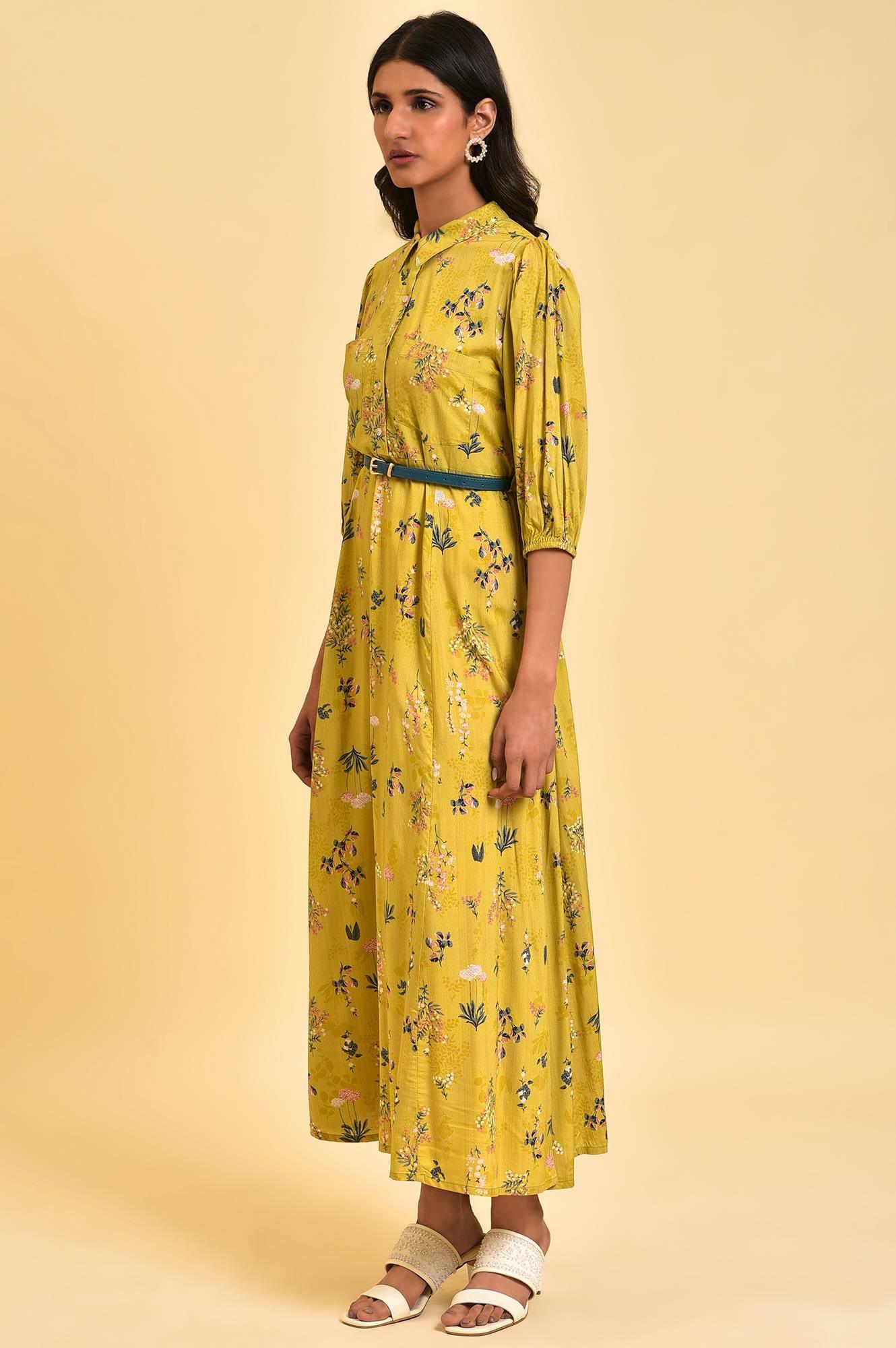 Yellow Floral Printed Long Summer Dress - wforwoman