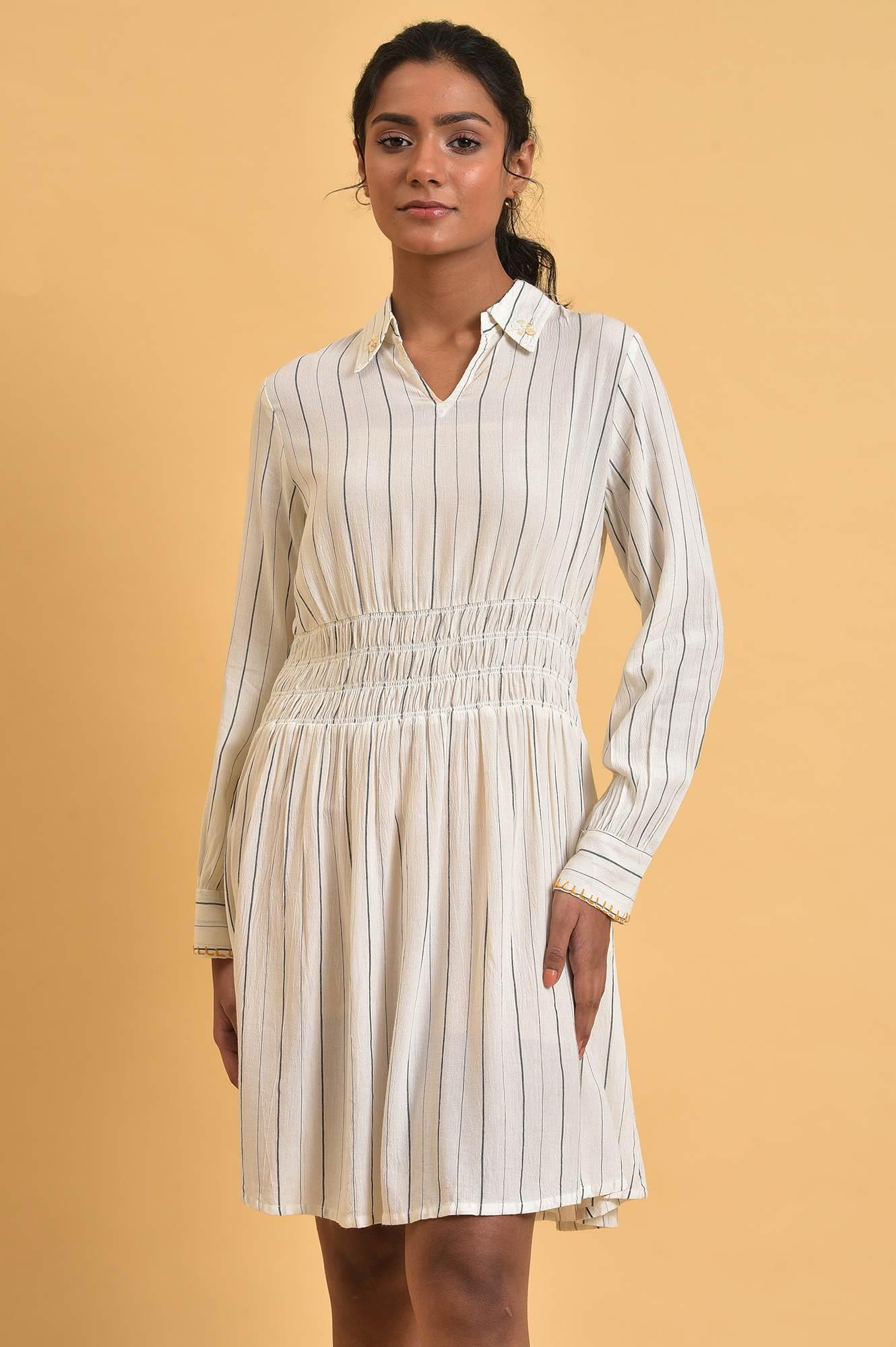 Ecru And Grey Striped Smocking Waist Dress - wforwoman