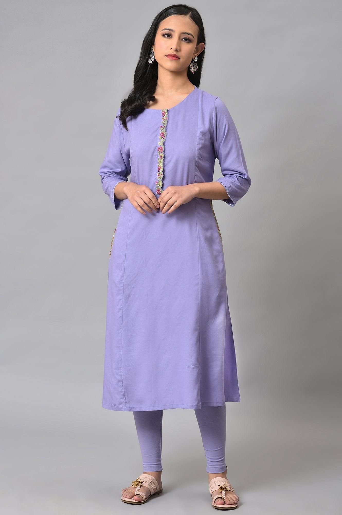 Voilet Embroidered A-Line kurta - wforwoman