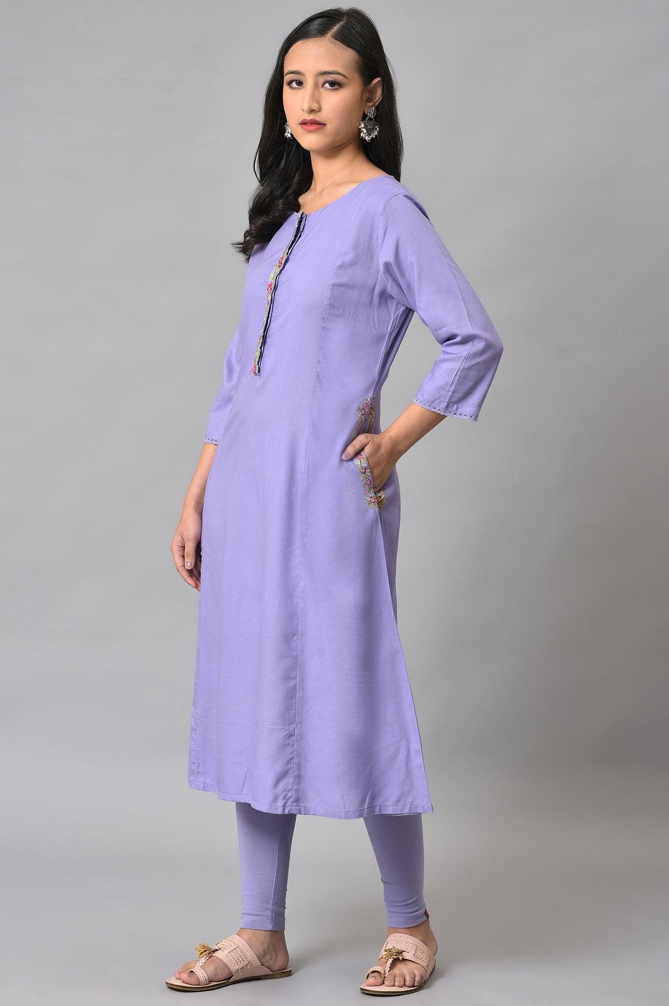 Voilet Embroidered A-Line kurta - wforwoman