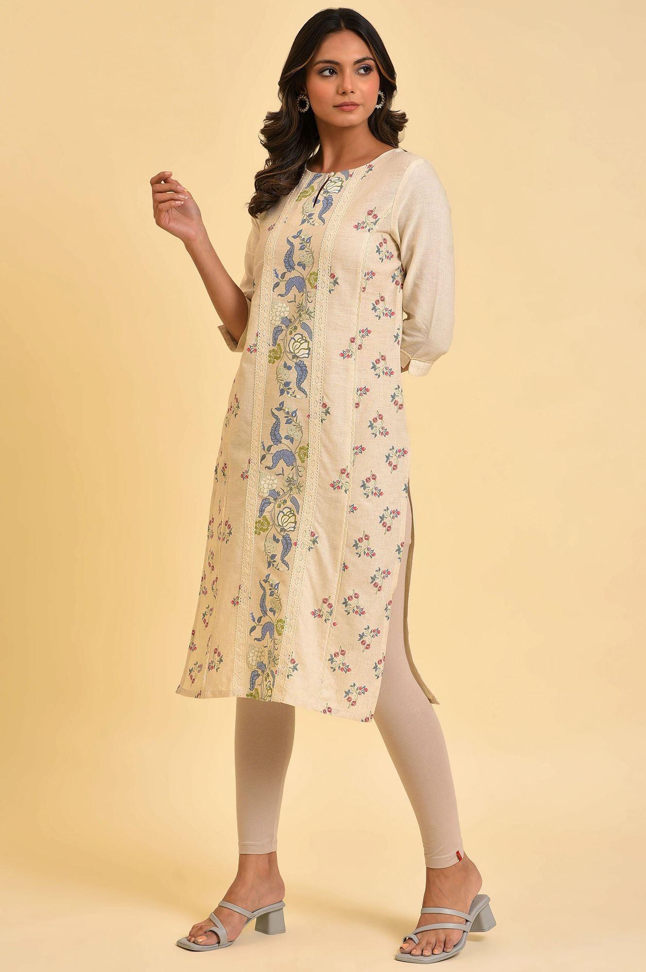 Ecru Floral Printed kurta With Lace Detailing - wforwoman