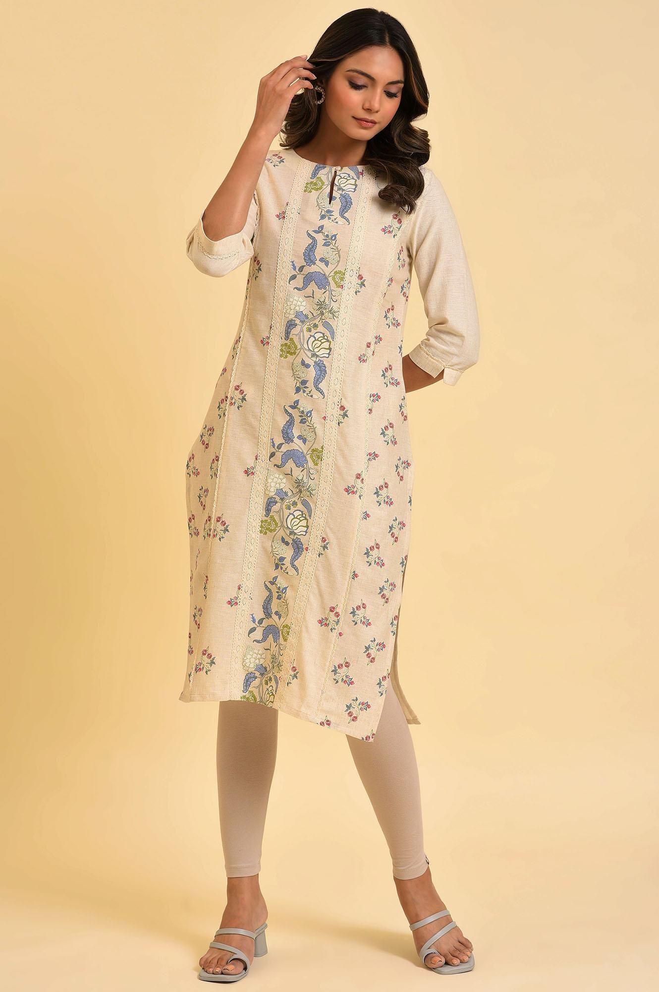 Ecru Floral Printed kurta With Lace Detailing - wforwoman