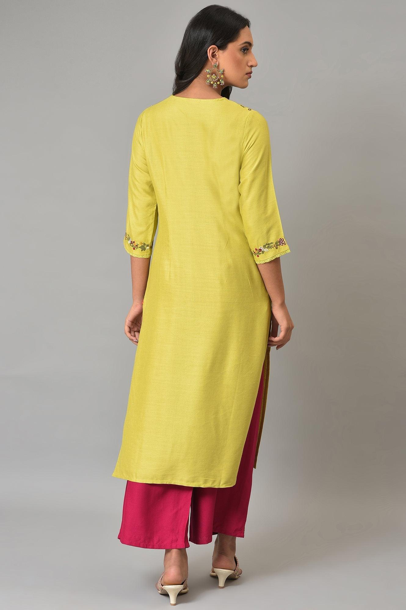 Lime Green Embroidered Summer kurta - wforwoman