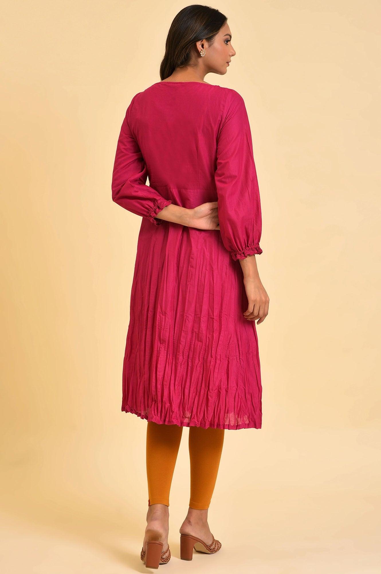 Pink Embroidered Crinkled kurta - wforwoman