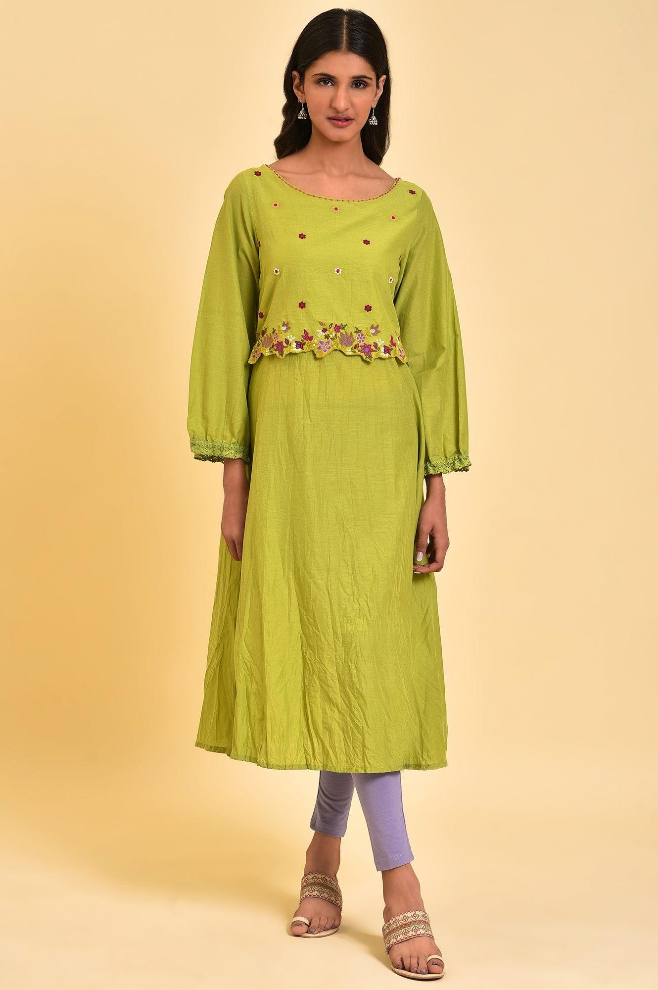 Green Embroidered Crinkled kurta - wforwoman