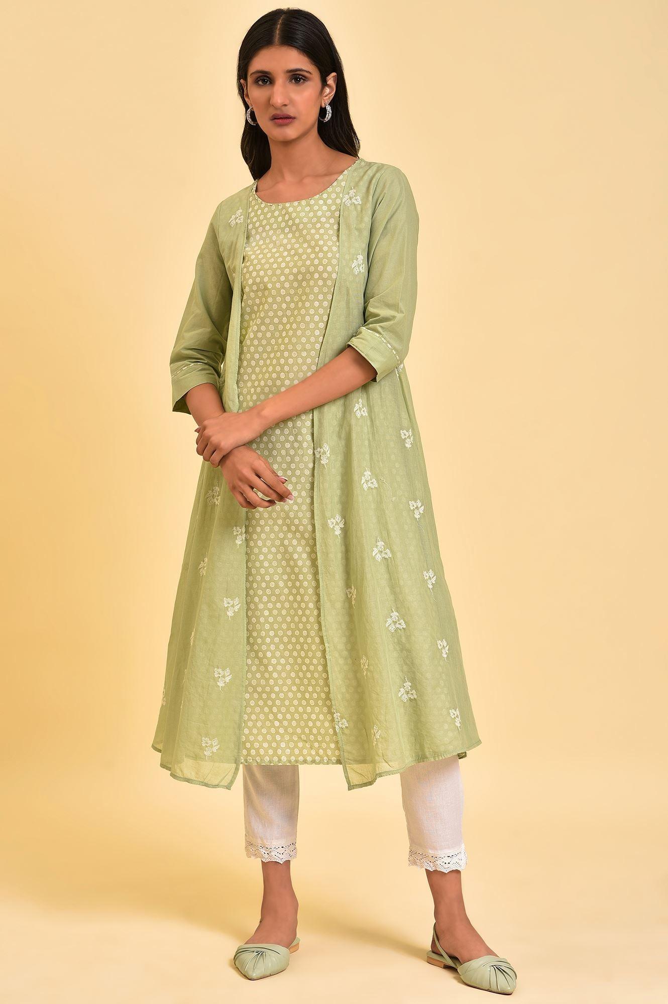 Green Mock Layered Embroidered kurta - wforwoman