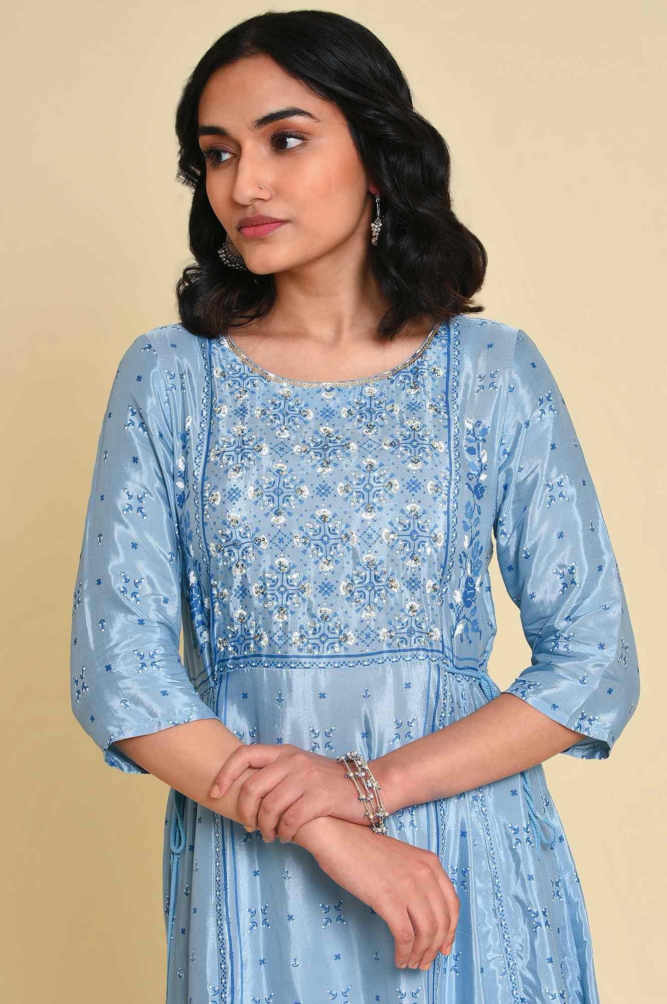 Blue Sequined Shantung kurta - wforwoman