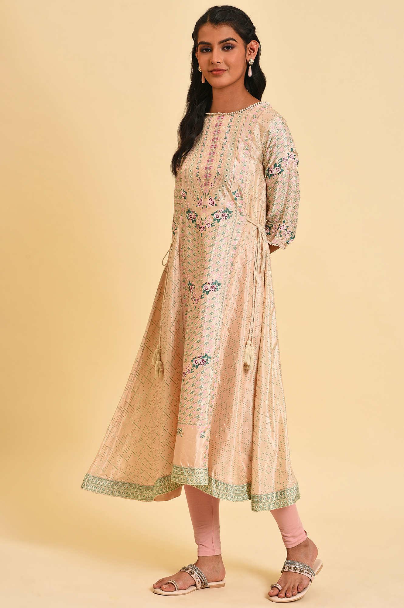 Biege Glitter Printed Flared kurta With Embroidery - wforwoman