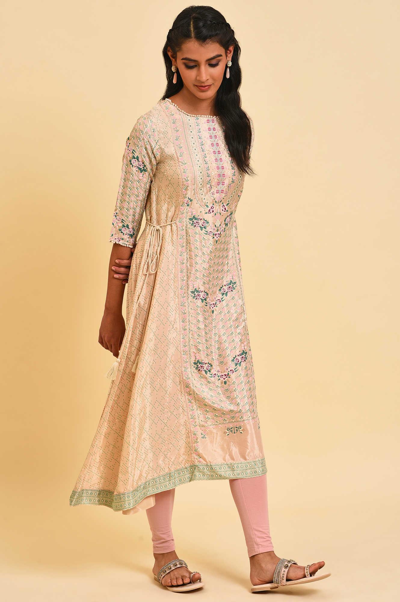Biege Glitter Printed Flared kurta With Embroidery - wforwoman