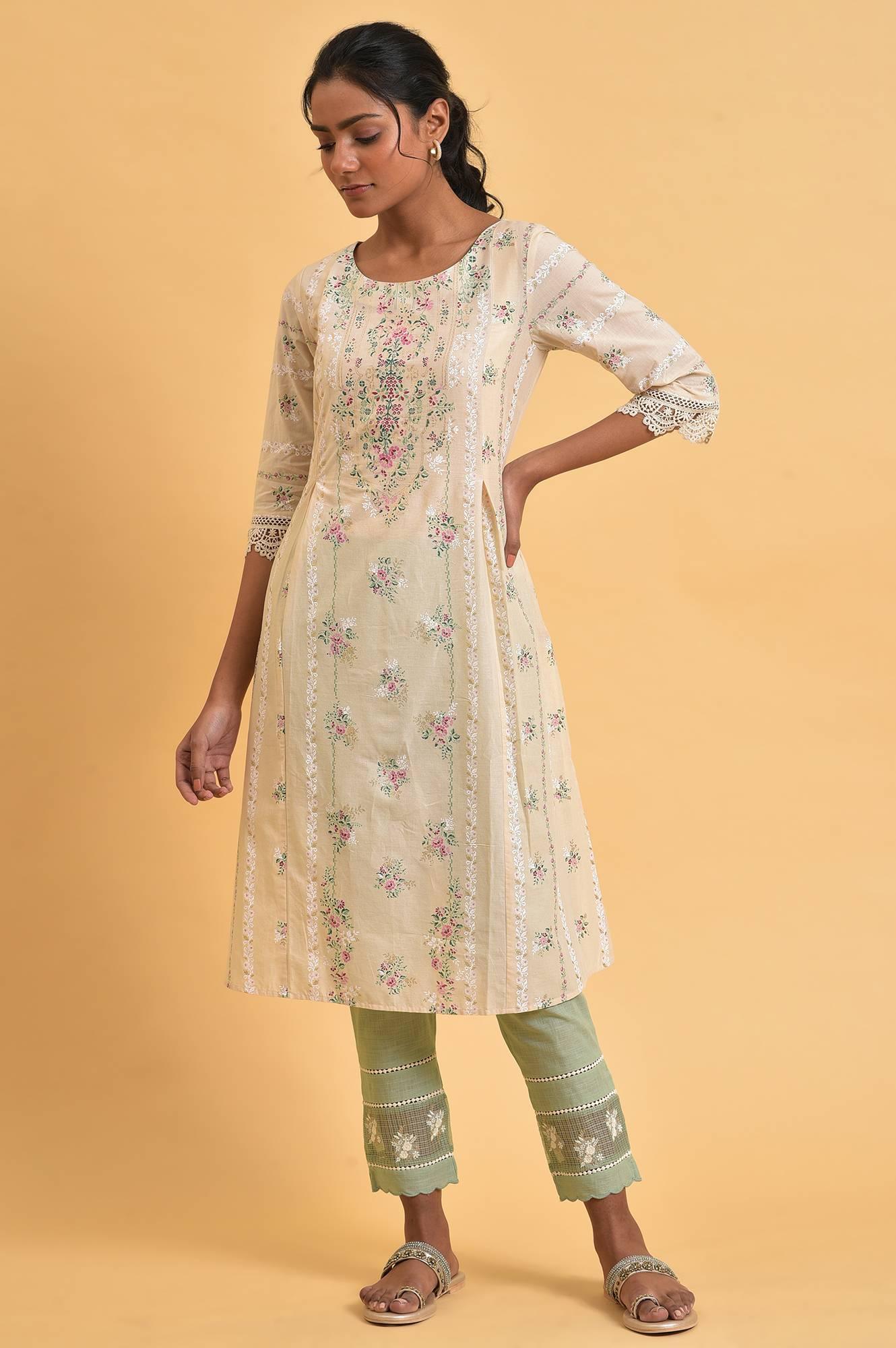 Beige Floral Print Round Neck Cotton kurta - wforwoman
