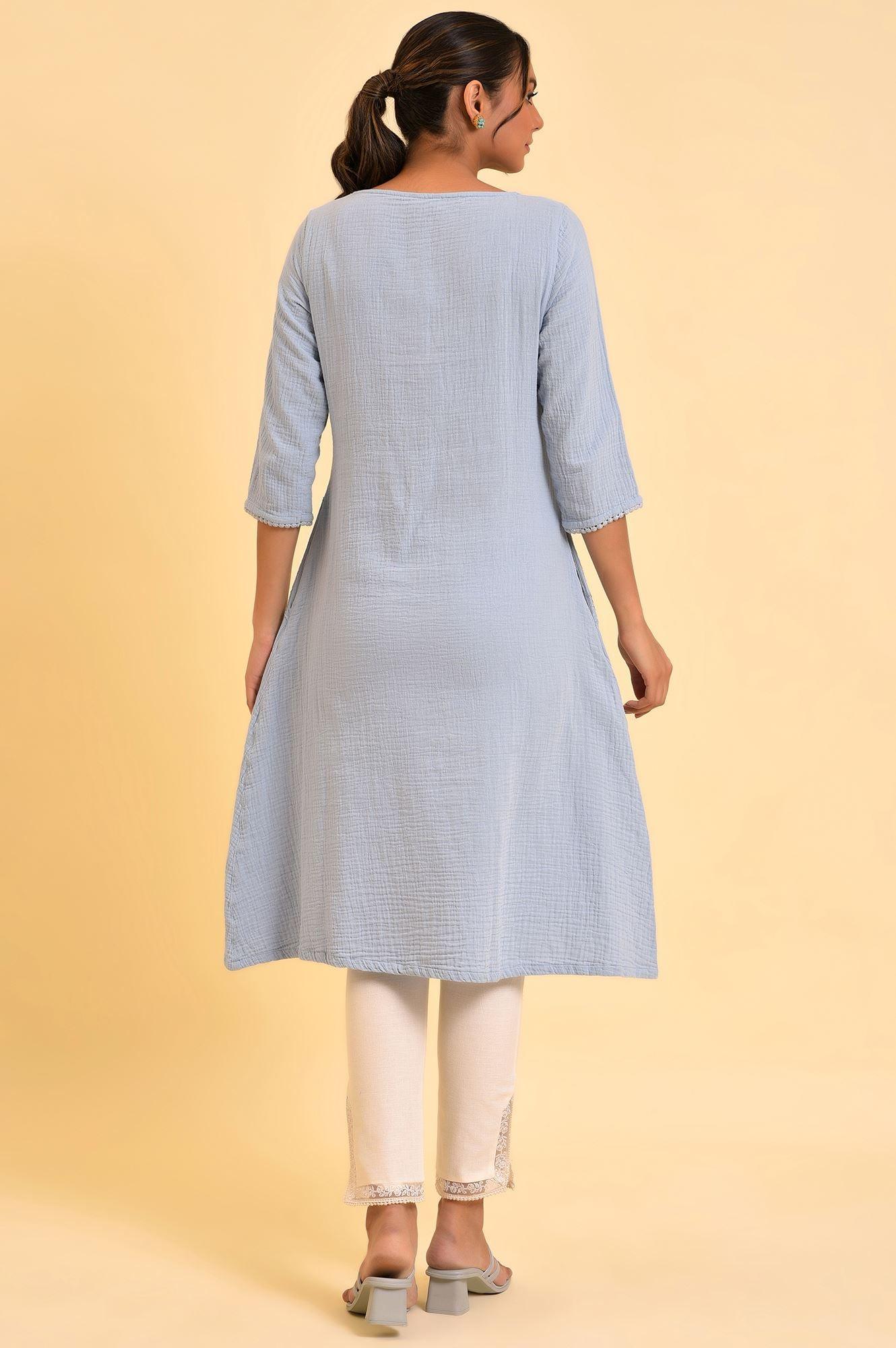Light Blue Embroidered Cotton Summer kurta - wforwoman