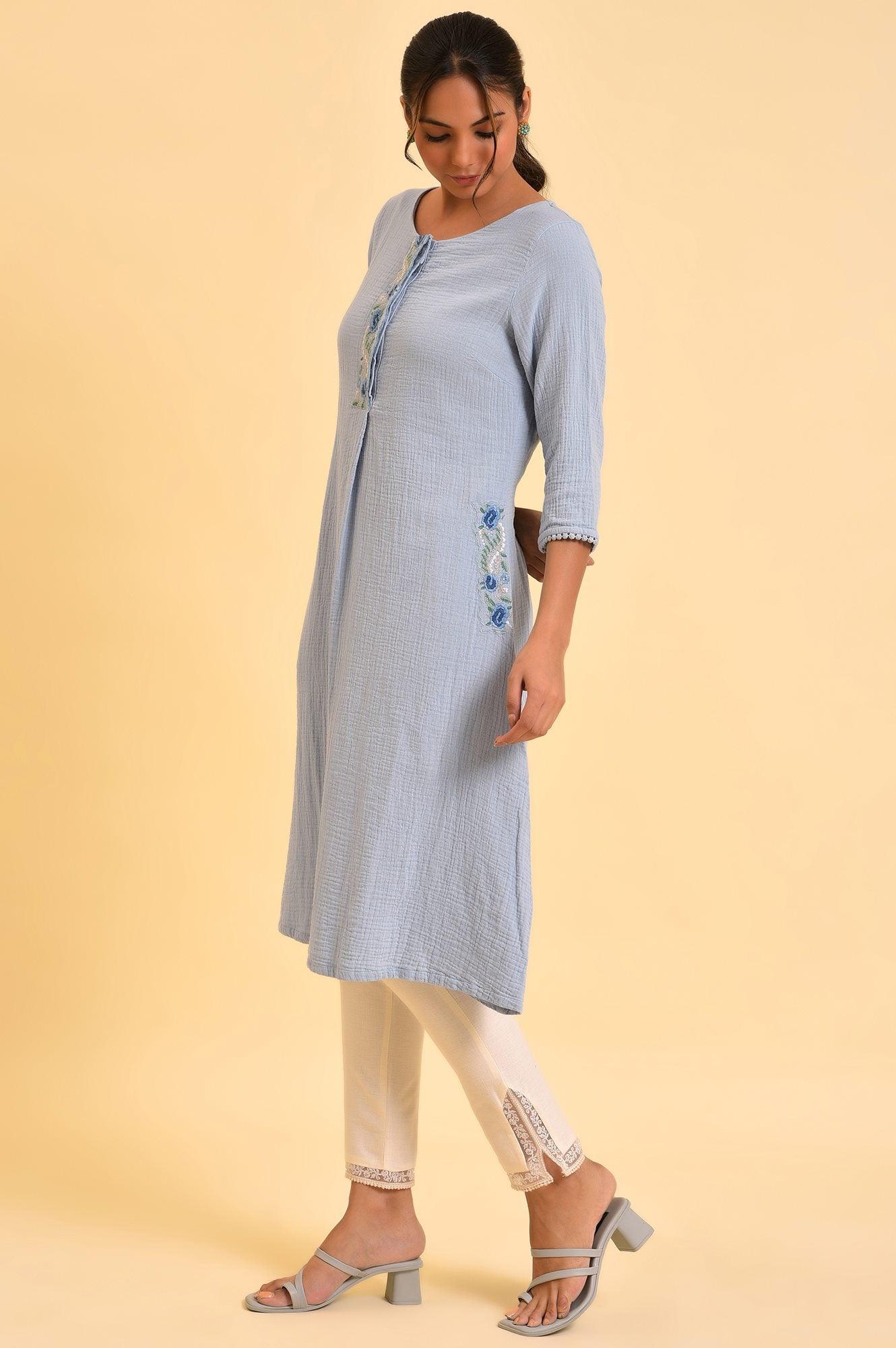 Light Blue Embroidered Cotton Summer kurta - wforwoman