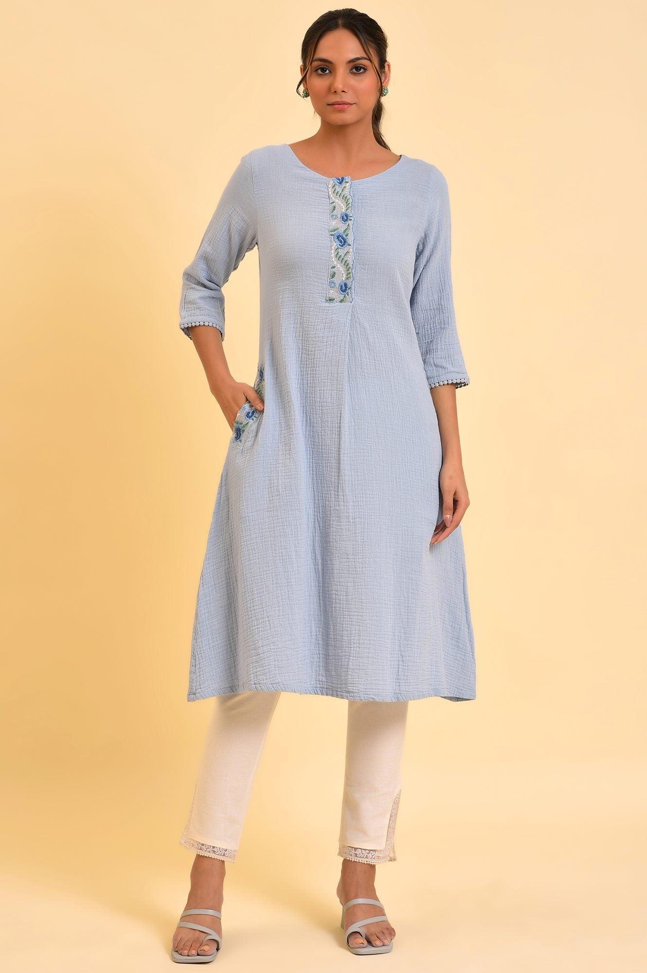 Light Blue Embroidered Cotton Summer kurta - wforwoman