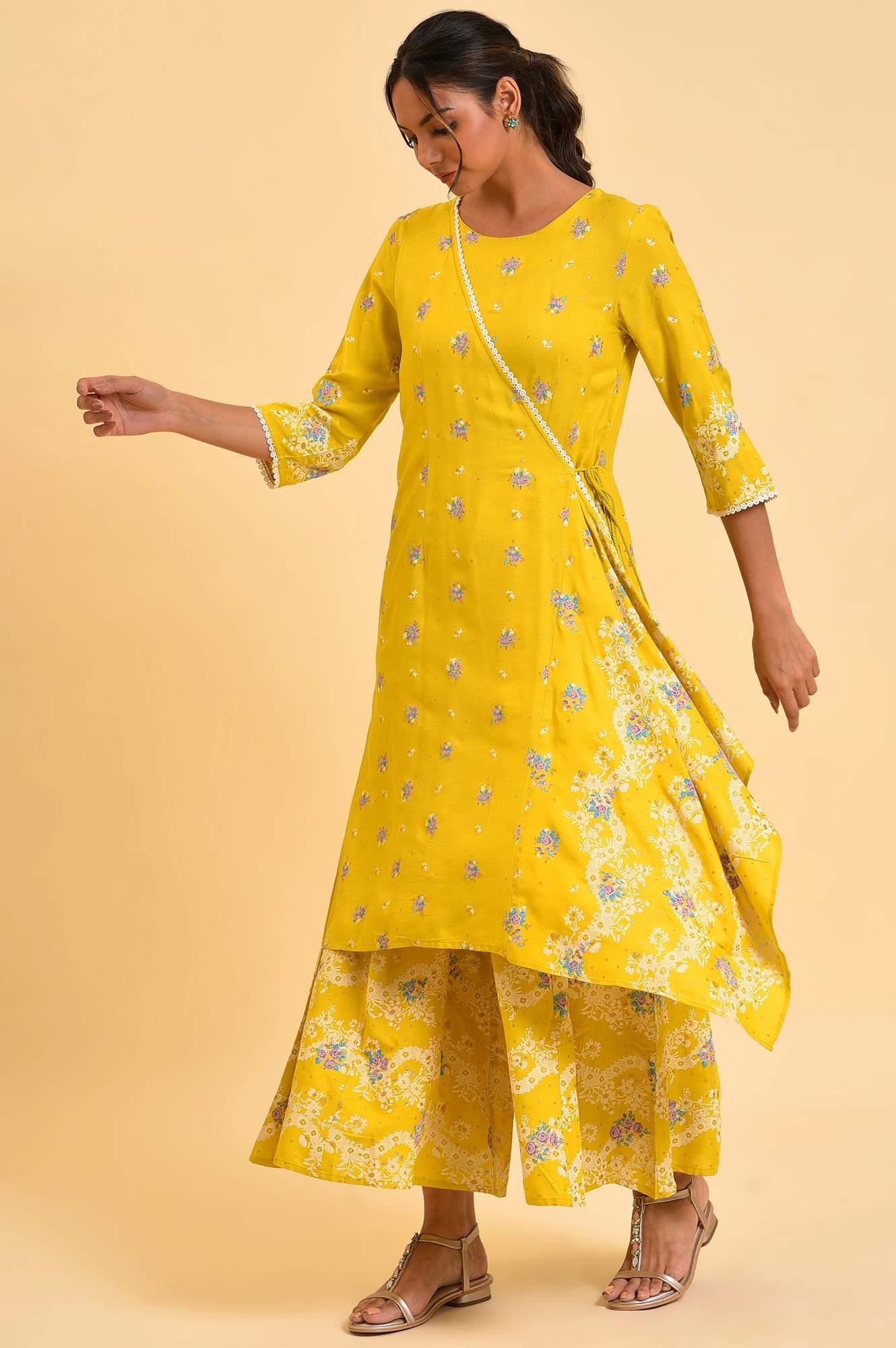 Yellow Glitter Printed Angrakha Jumpsuit - wforwoman